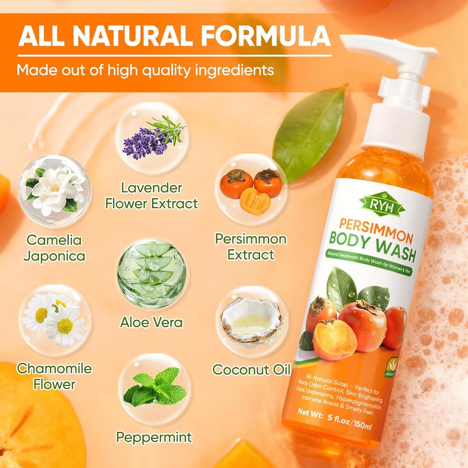 RYH Persimmon Body Wash for Body Odor Control – Natural Deodorant Soap