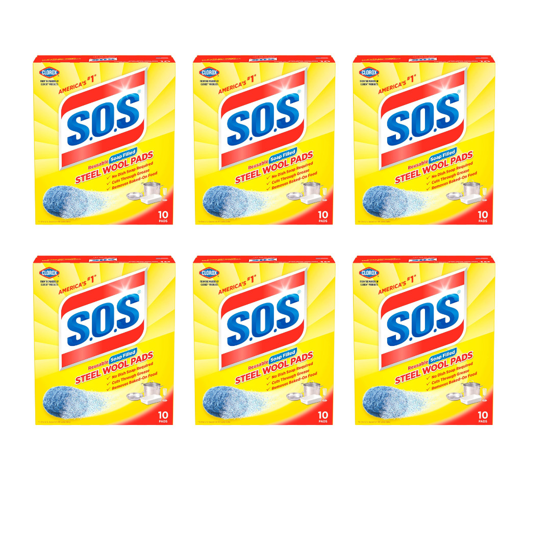 S.O.S Steel Wool Soap Pads 10 Count – Pack of 6 (Total 60 Pads)