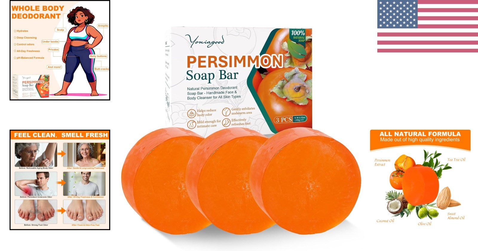 3 PCS Persimmon Soap for Body Odor Control, Organic Eliminating Odor Wash Soa…