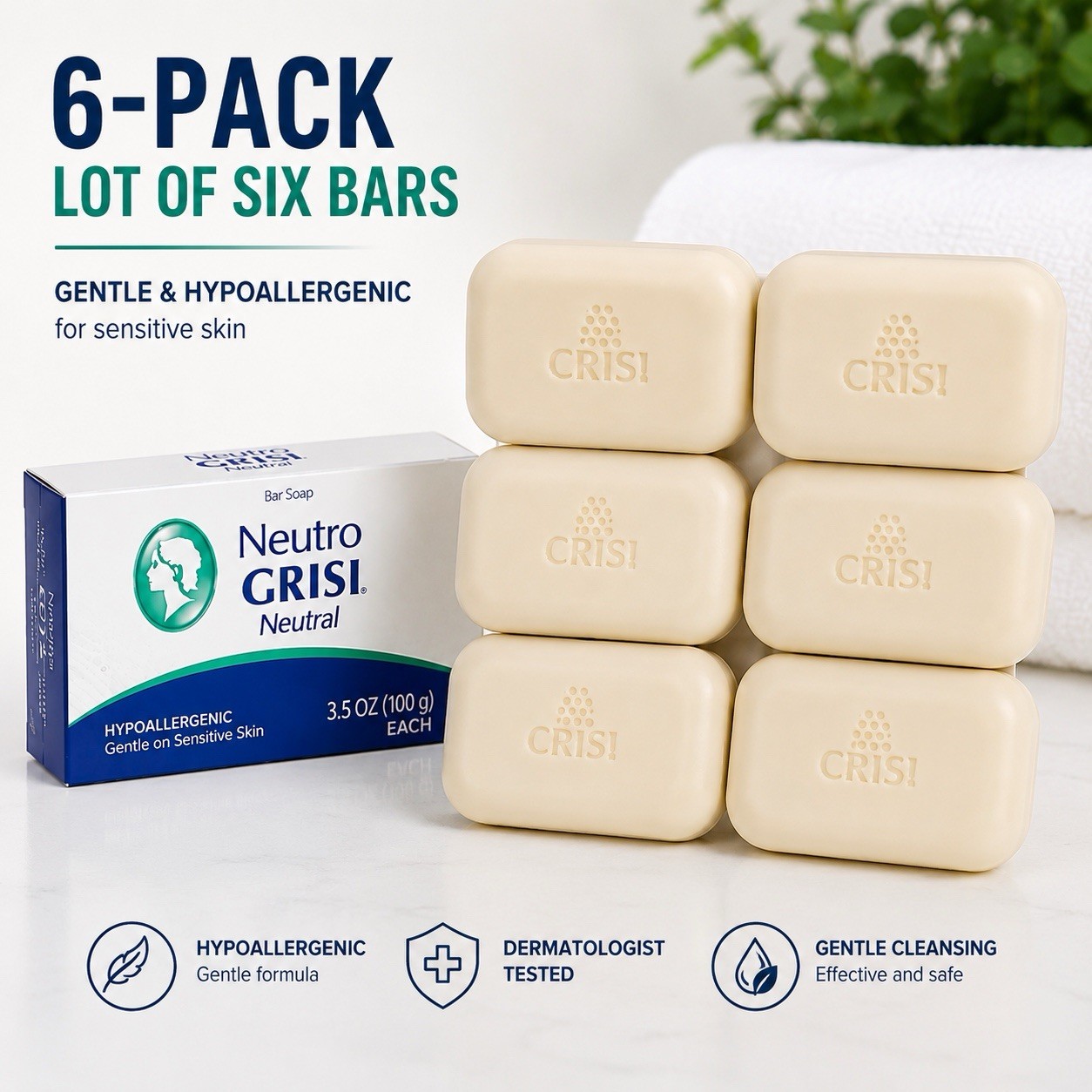 6-Pack Neutro Grisi Neutral Soap Bars 3.5 oz Each Hypoallergenic Sensitive Skin