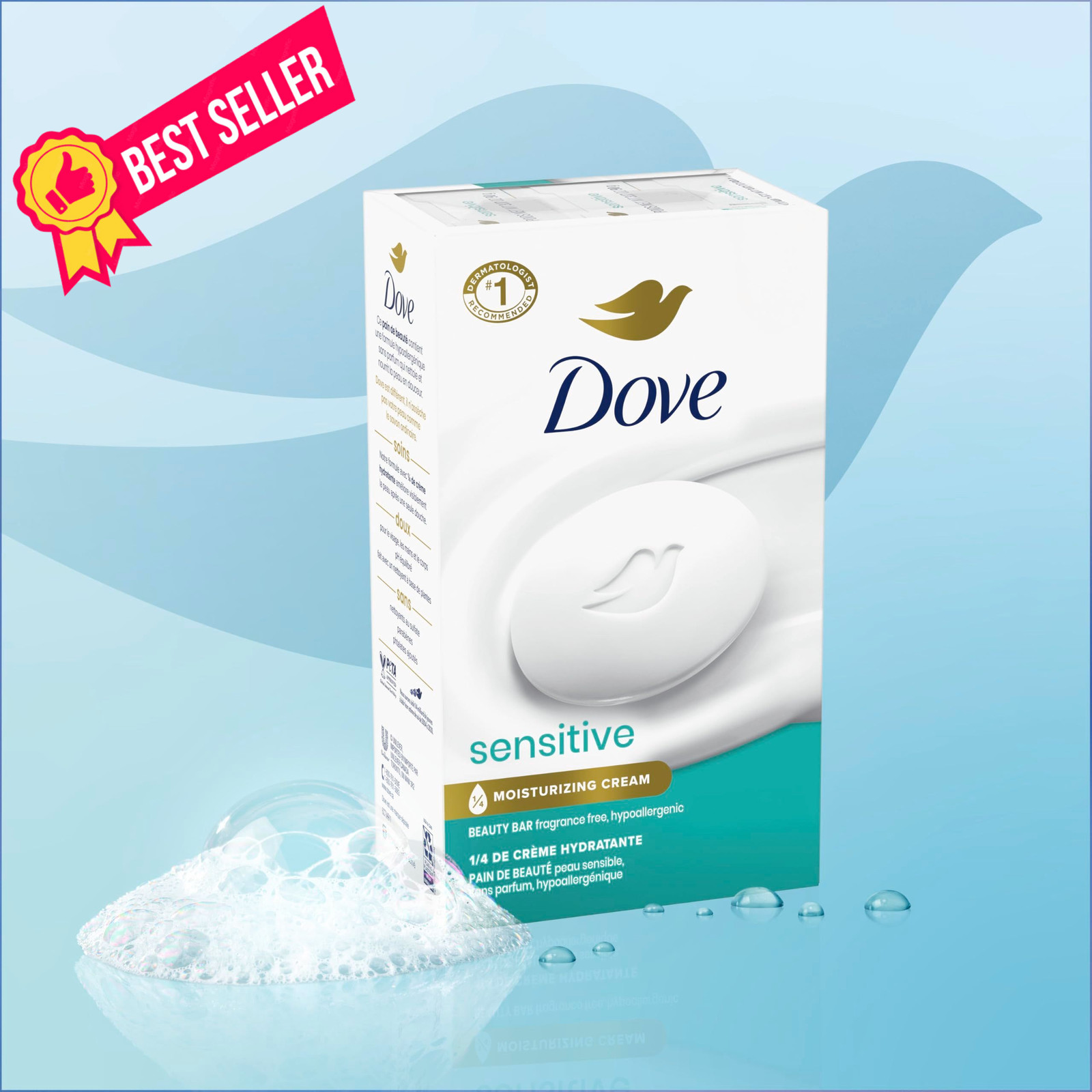 Dove Beauty Bar Soap Sensitive, 8 Bars for 3.75 Ounce (Pack of 8), White