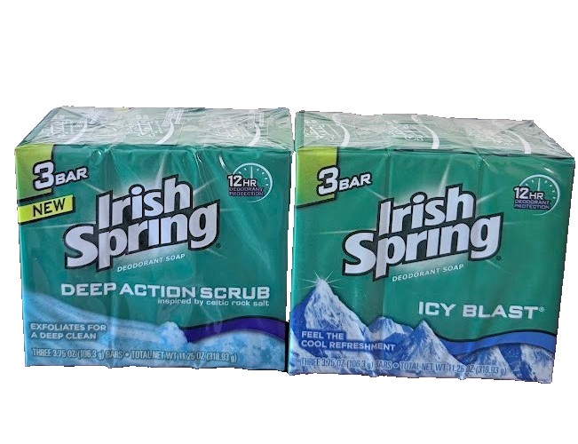 Irish Spring Icy Blast +Deep Scrub 12 hr. Deodorant Soap 3×3.75 oz Bars Lot of 2