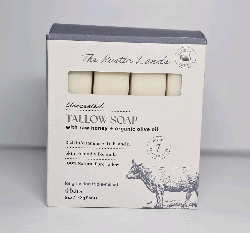 THE RUSTIC LANDS Grass Fed Beef Tallow Soap 4 Bar w/ Honey & Olive Oil Unscented
