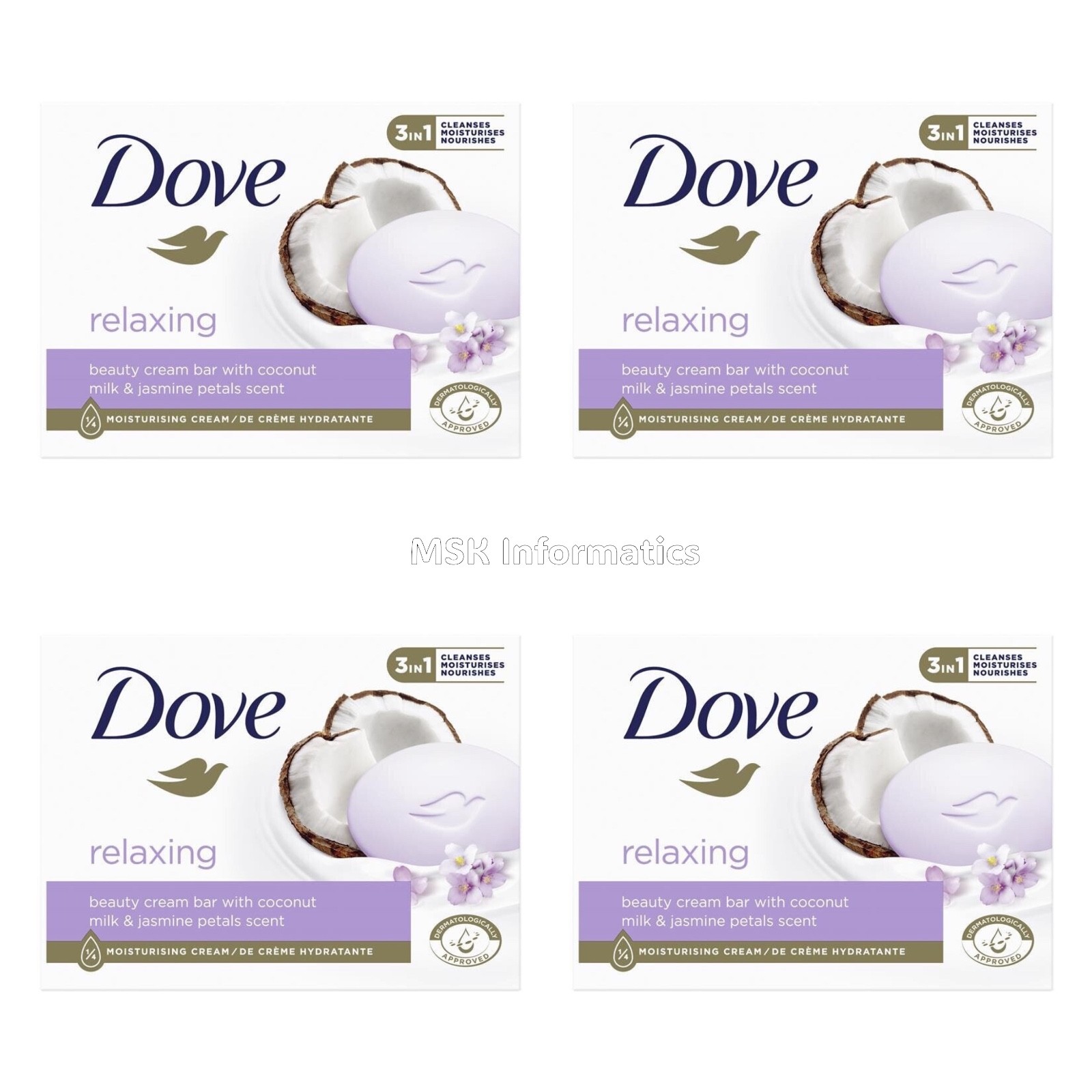 4 DOVE Relaxing Beauty Cream Bars with Coconut Milk & Jasmine Petals Scent