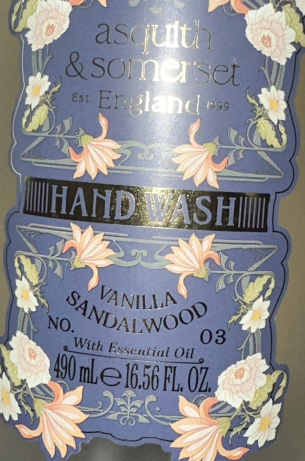 VANILLA SANDALWOOD HAND WASH Glass Pump Bottle 16.56fl.oz ASQUITH & SOMERSET