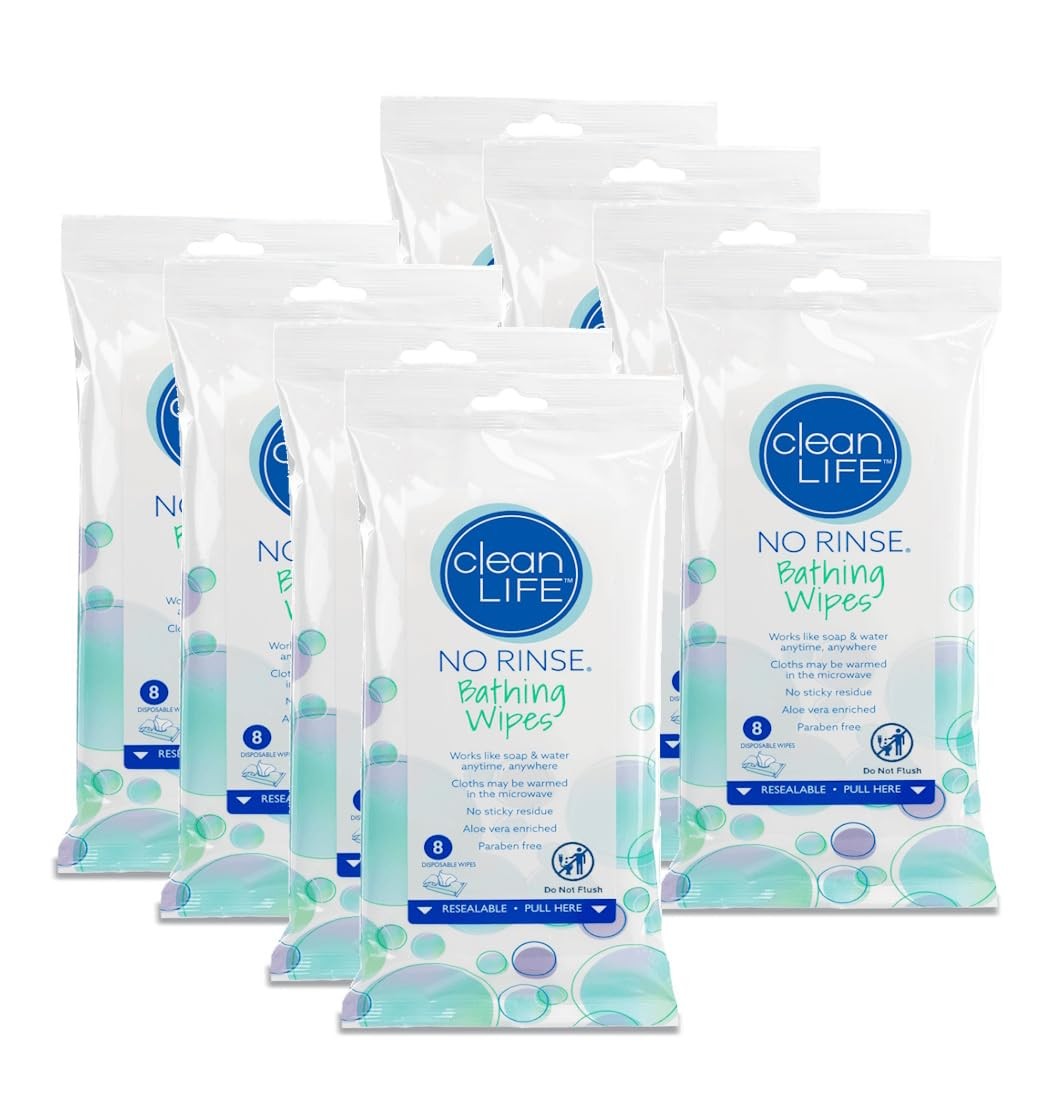 Cleanlife No-Rinse Bathing Wipes 8 Packs of 8 – 64 Disposable Body Wipes |