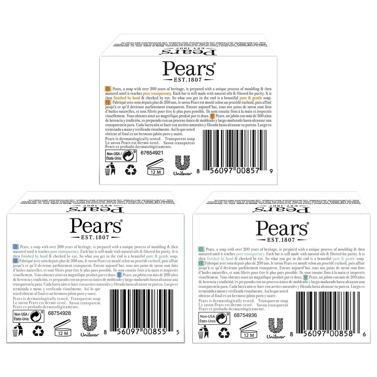 Pears Glycerin Soap Variety 12-Pack Transparent Amber Blue & Green Bars..