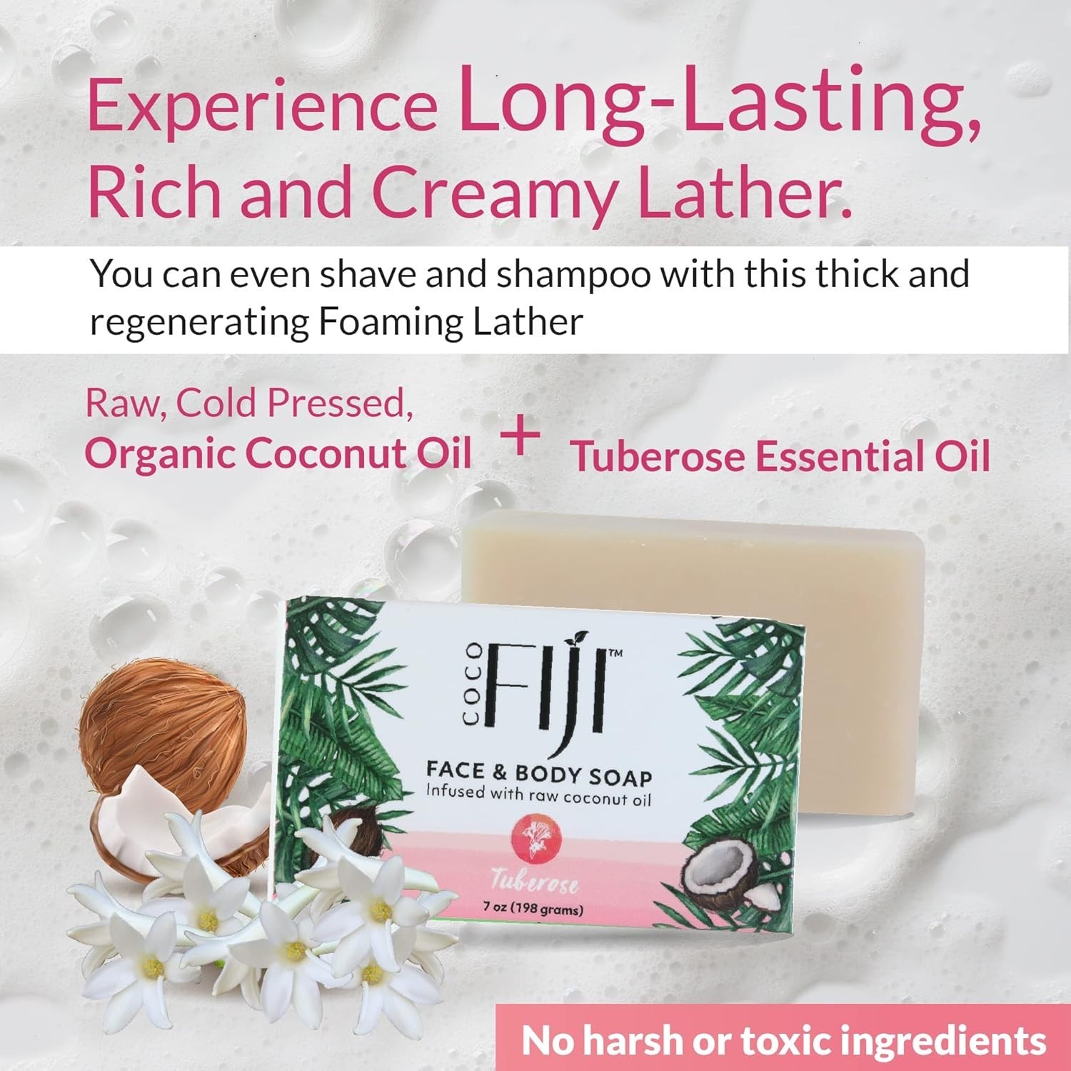 Coco Fiji, Coconut Oil Infused Soap, Bar 7oz (Tuberose, Pack of 2) COS080