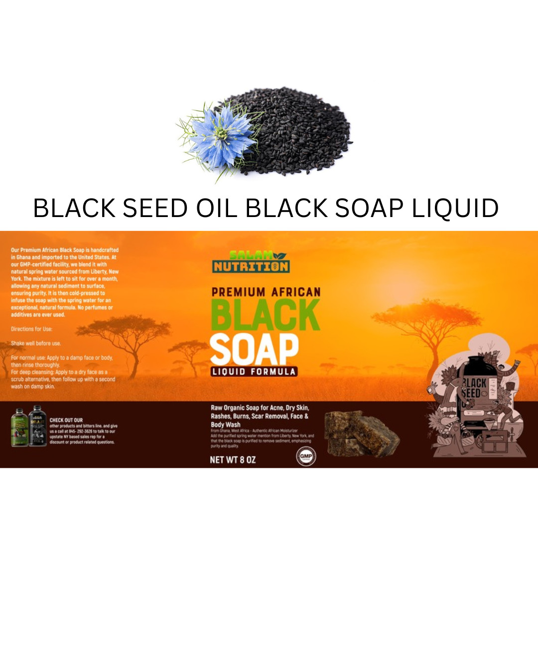Black Seed Black soap liquid from Ghana and made with spring water 16 oz pump