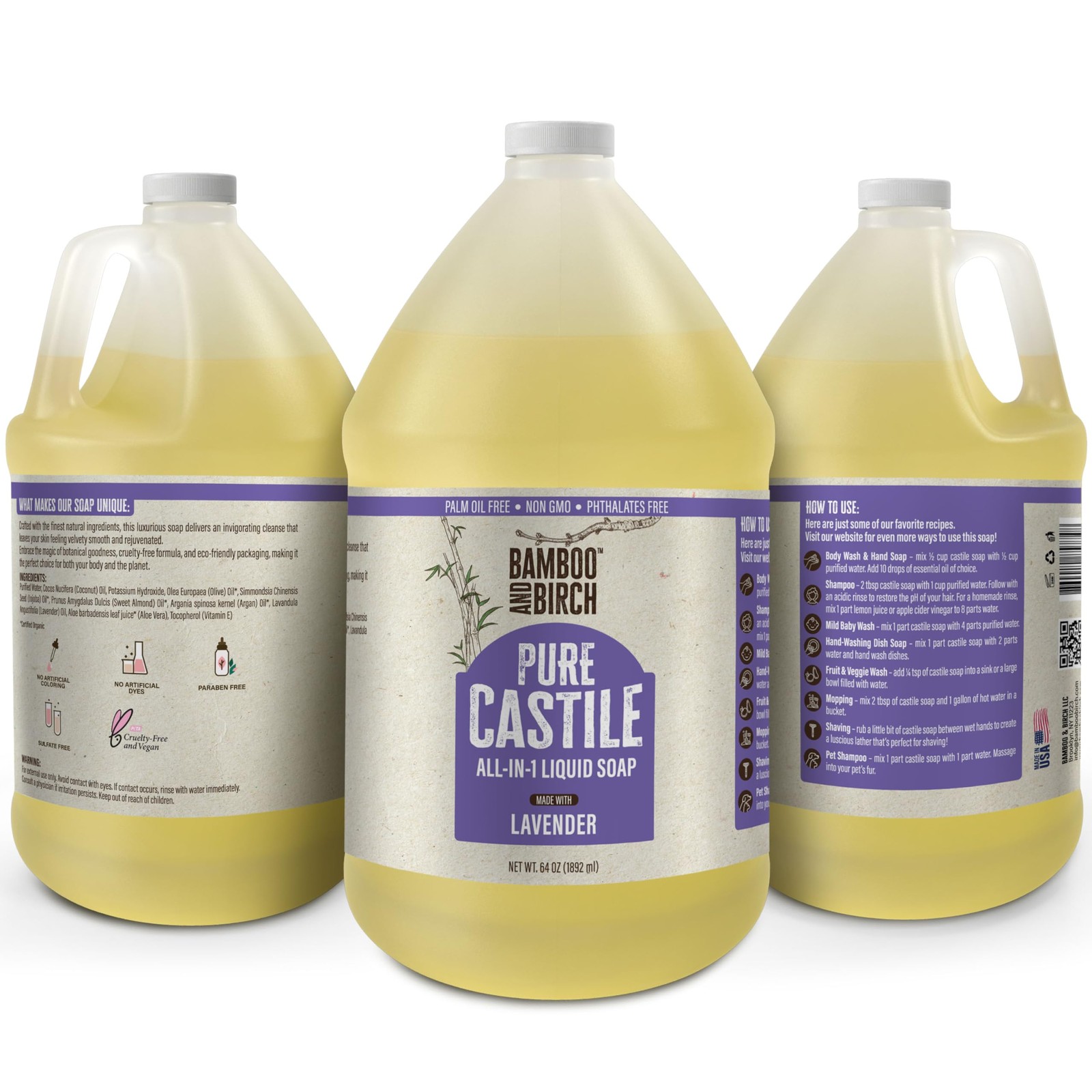 BAMBOO AND BIRCH Pure Castile Soap Liquid, Lavender, 64 64 Fl Oz (Pack of 1)