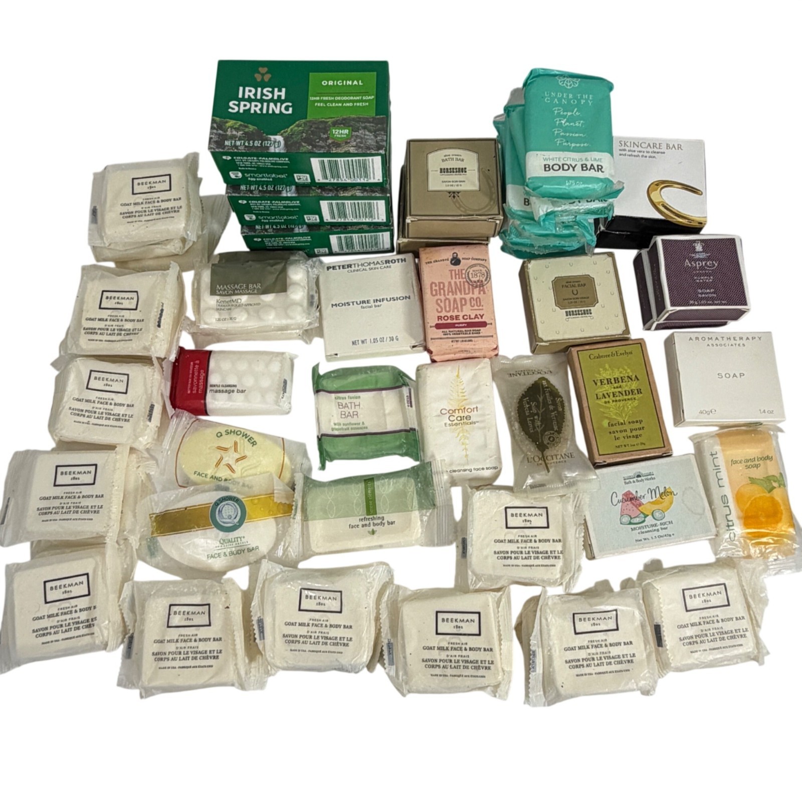 Large Lot Of 49 Hotel Face Body Soap Bars Beekman Irish Spring L’Occitaine