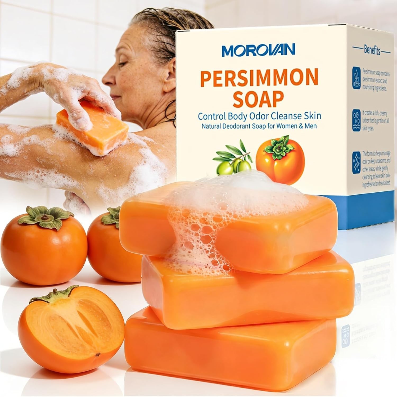 Persimmon Soap for Body Odor: 3 Bars Natural Persimmon Bar Soap for Old Peopl…
