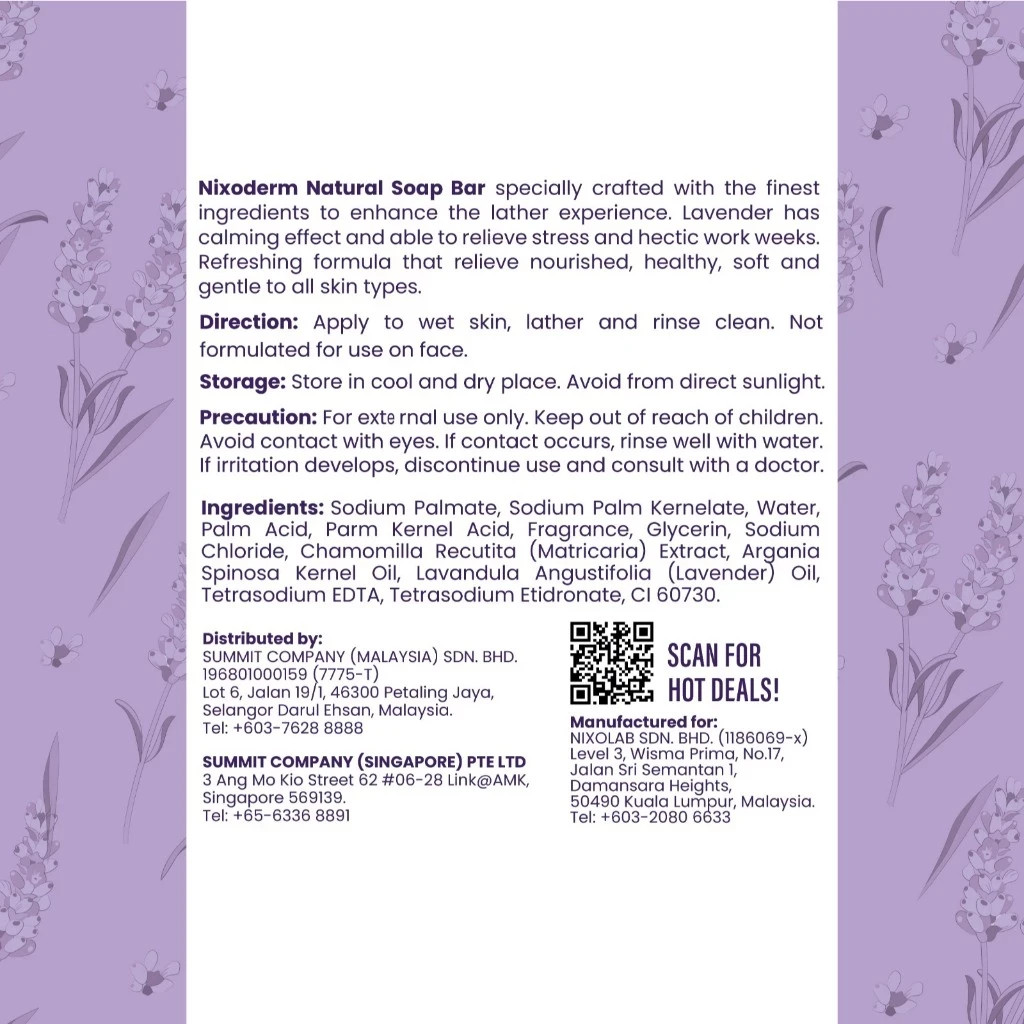 Nixoderm Natural Soap Bar 100g Lavender Sandalwood Olive All Skin Type Vitamin E