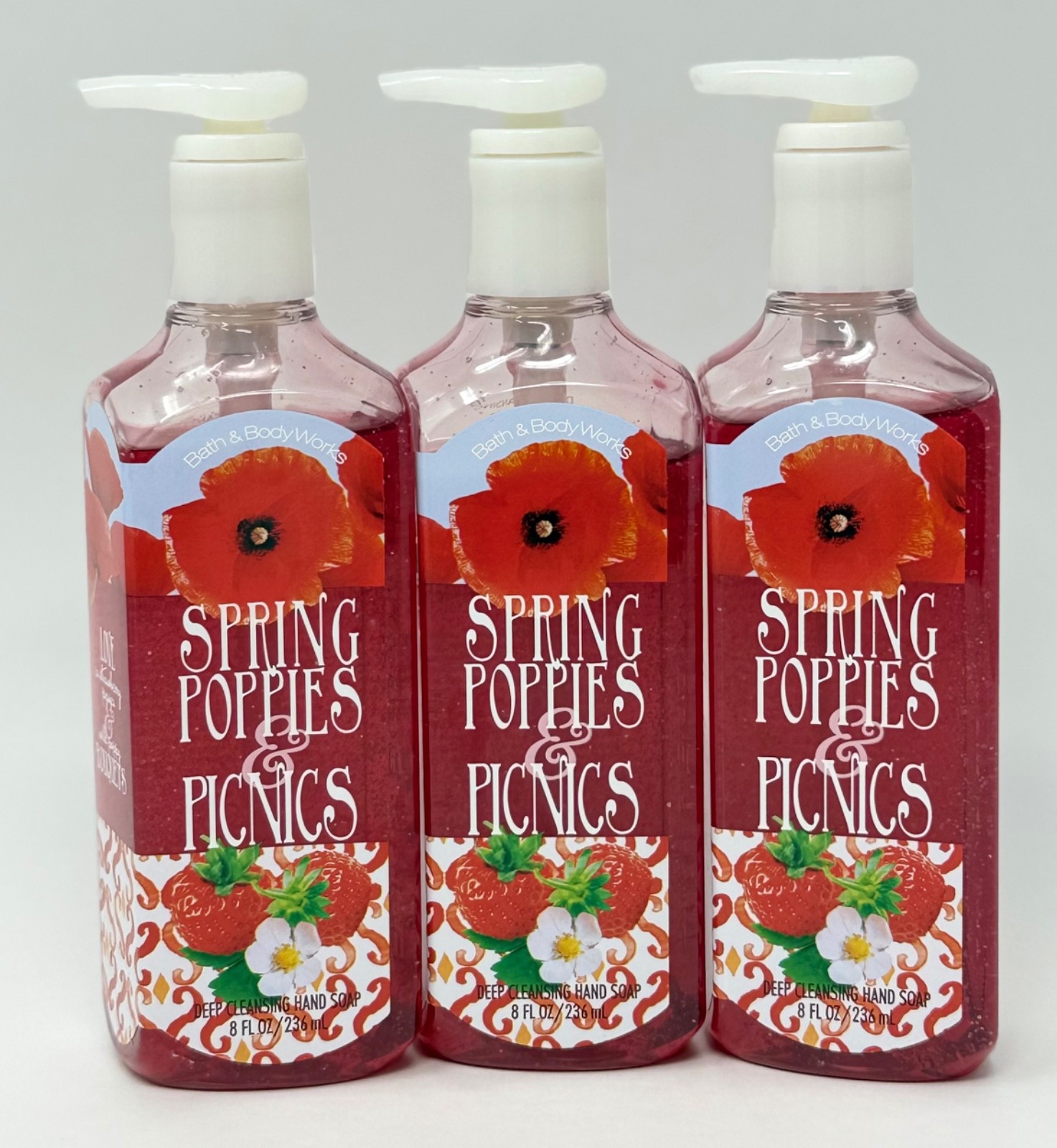3 NEW BATH & BODY WORKS SPRING POPPIES PICNICS DEEP CLEANSING HAND SOAP WASH