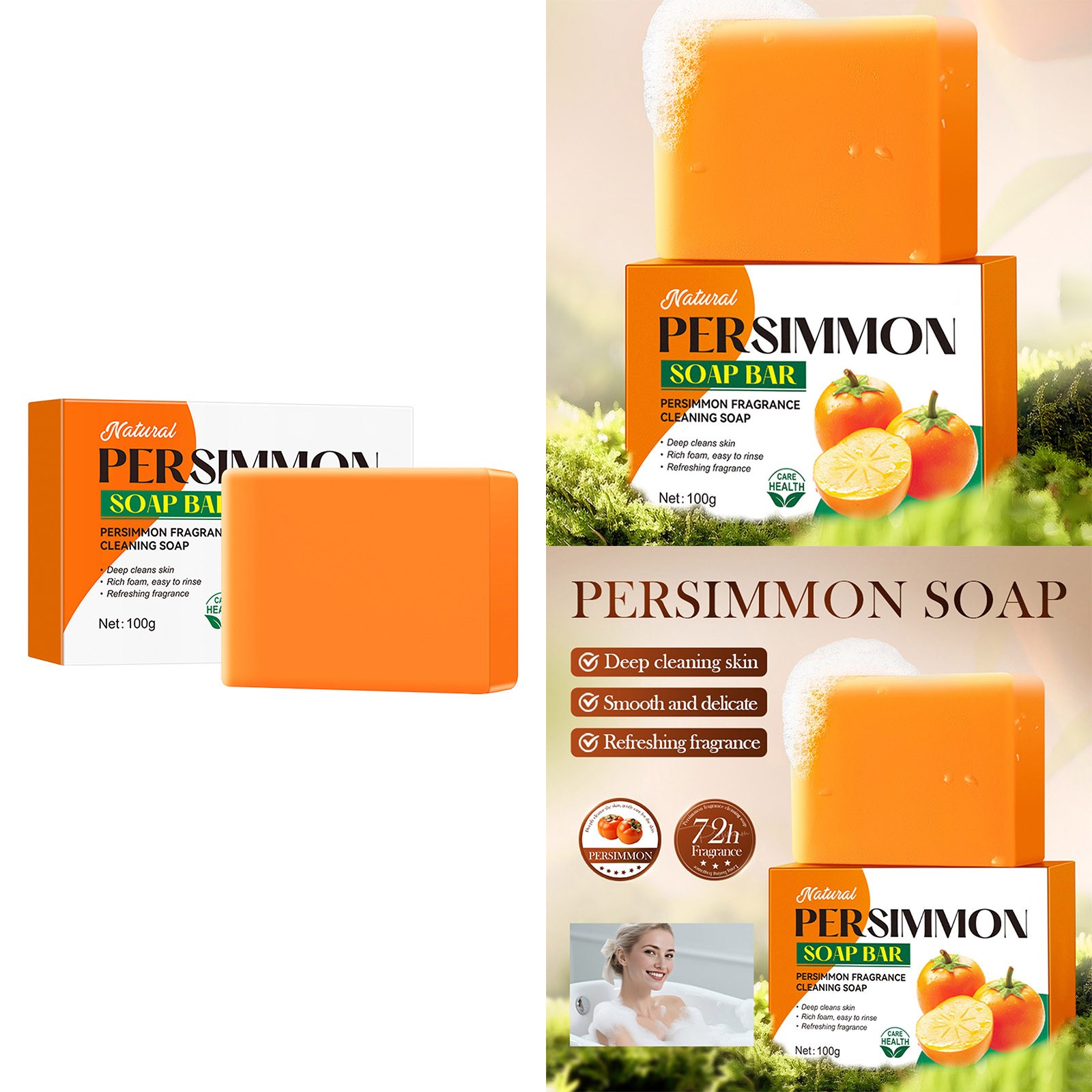 1Pcs 100g For Bathing Persimmon Soap Bar For All Skin Types With Foaming Net