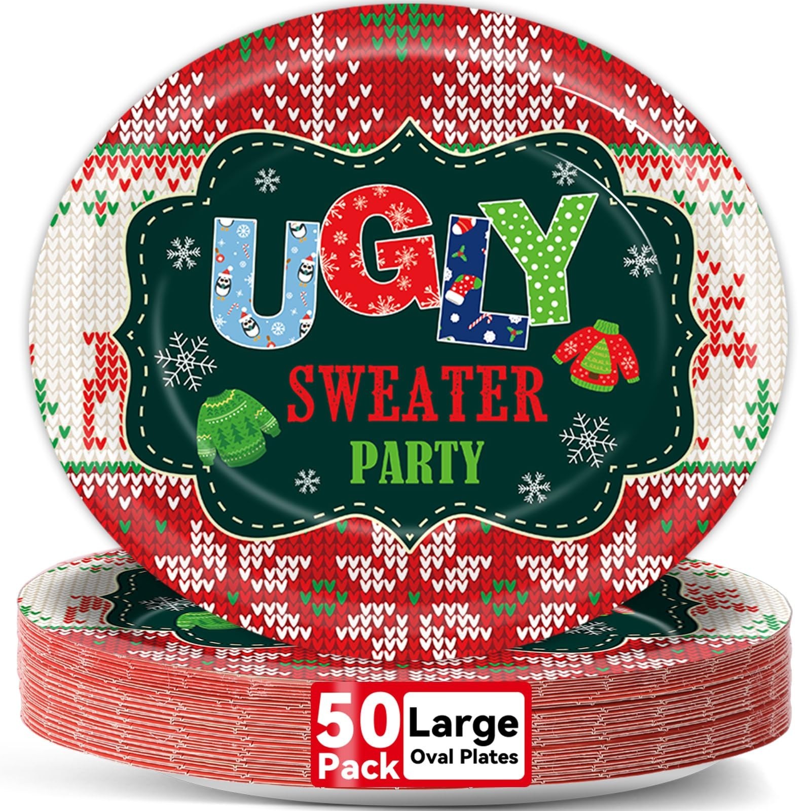 50PCS Christmas Ugly Sweaters Oval Paper Plates Merry Christmas Plates Tablew…