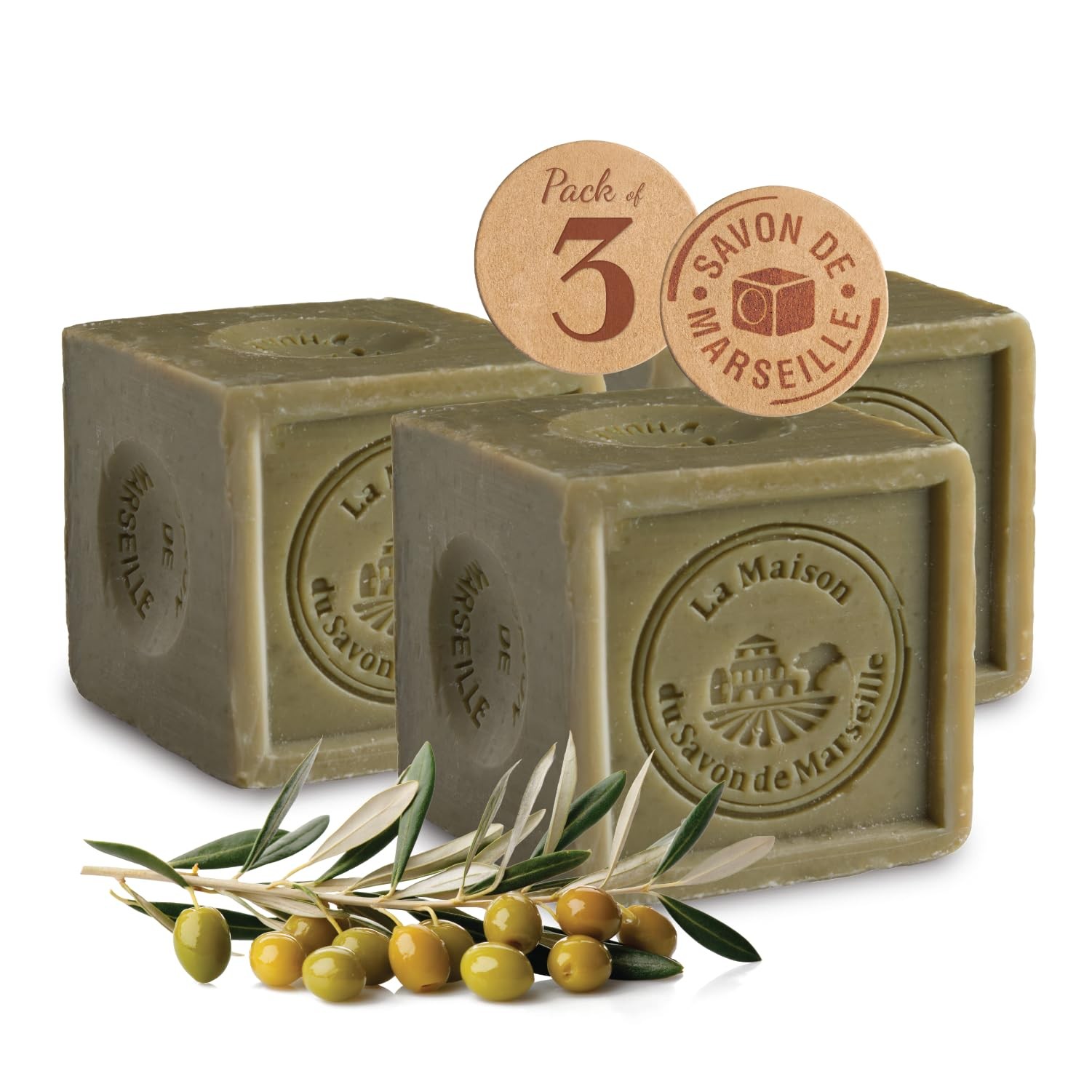 La Maison du Savon Olive Oil Soap Bar, Savon de Marseille Soap, 3 x 3.5 oz