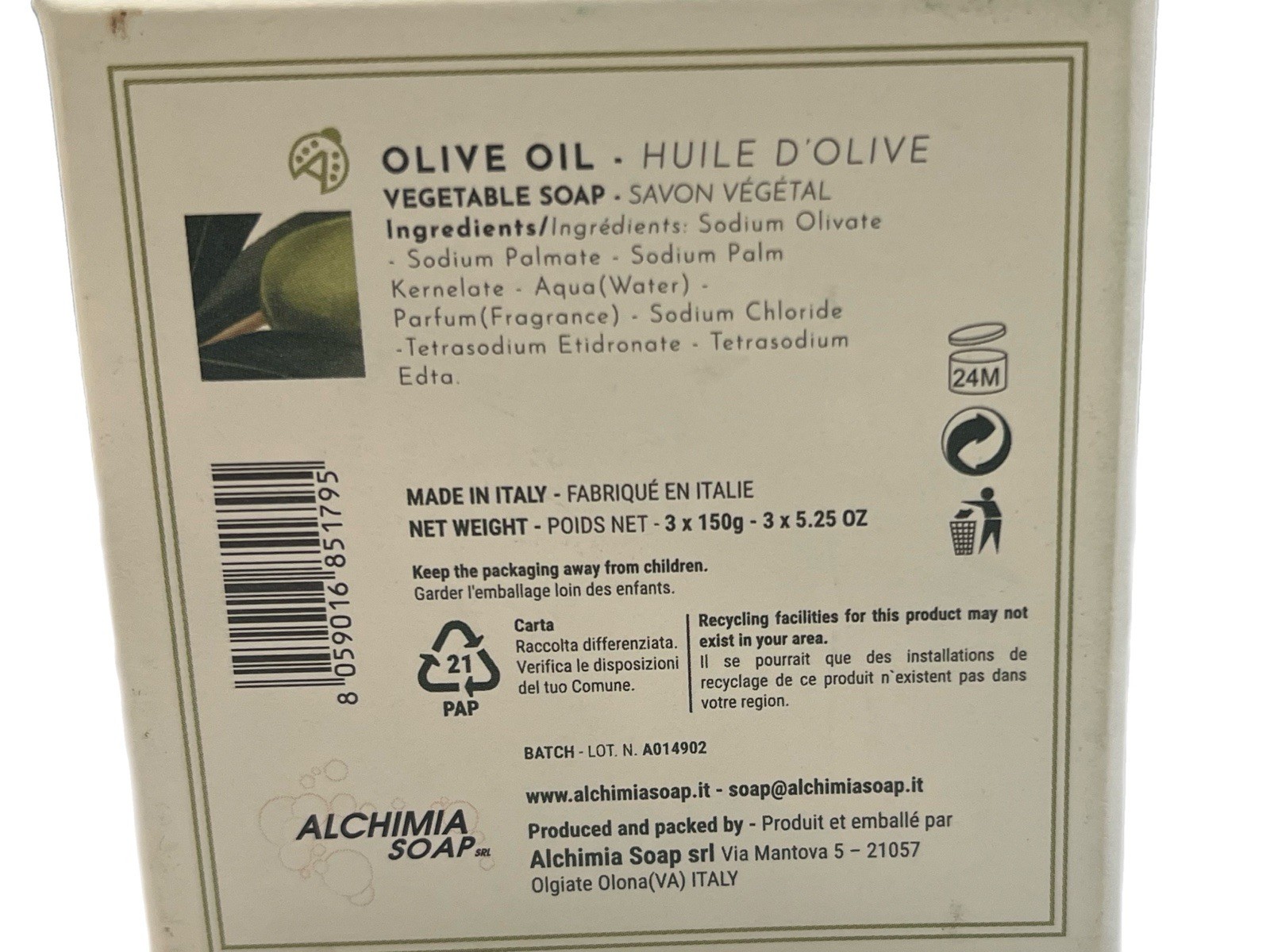 Alchimia Olive Oil Fine Vegetable SOAP • Made in Italy Box With 3 Bars