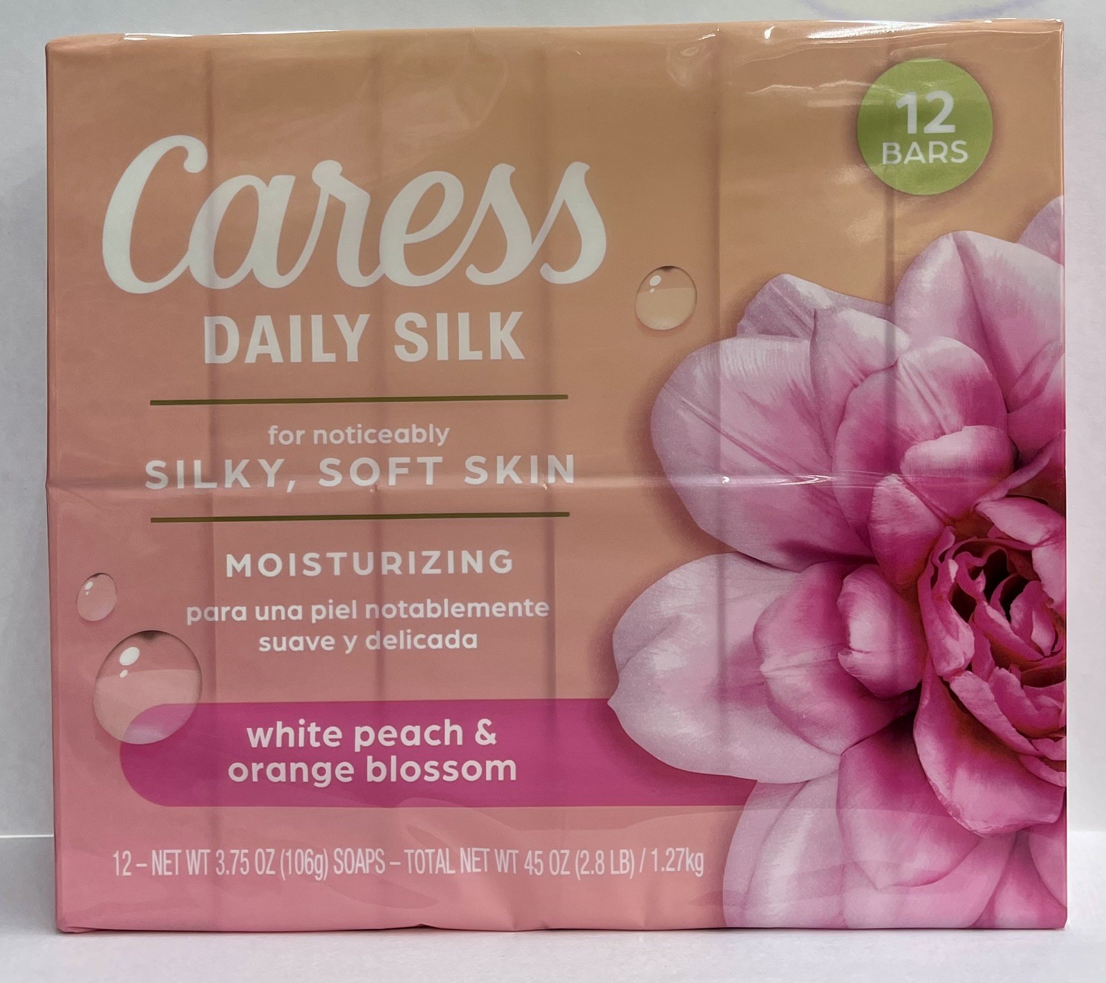12 Bar Caress Daily Silk Body Bar Soap White Peach & Orange Blossom 3.75 OZ Each