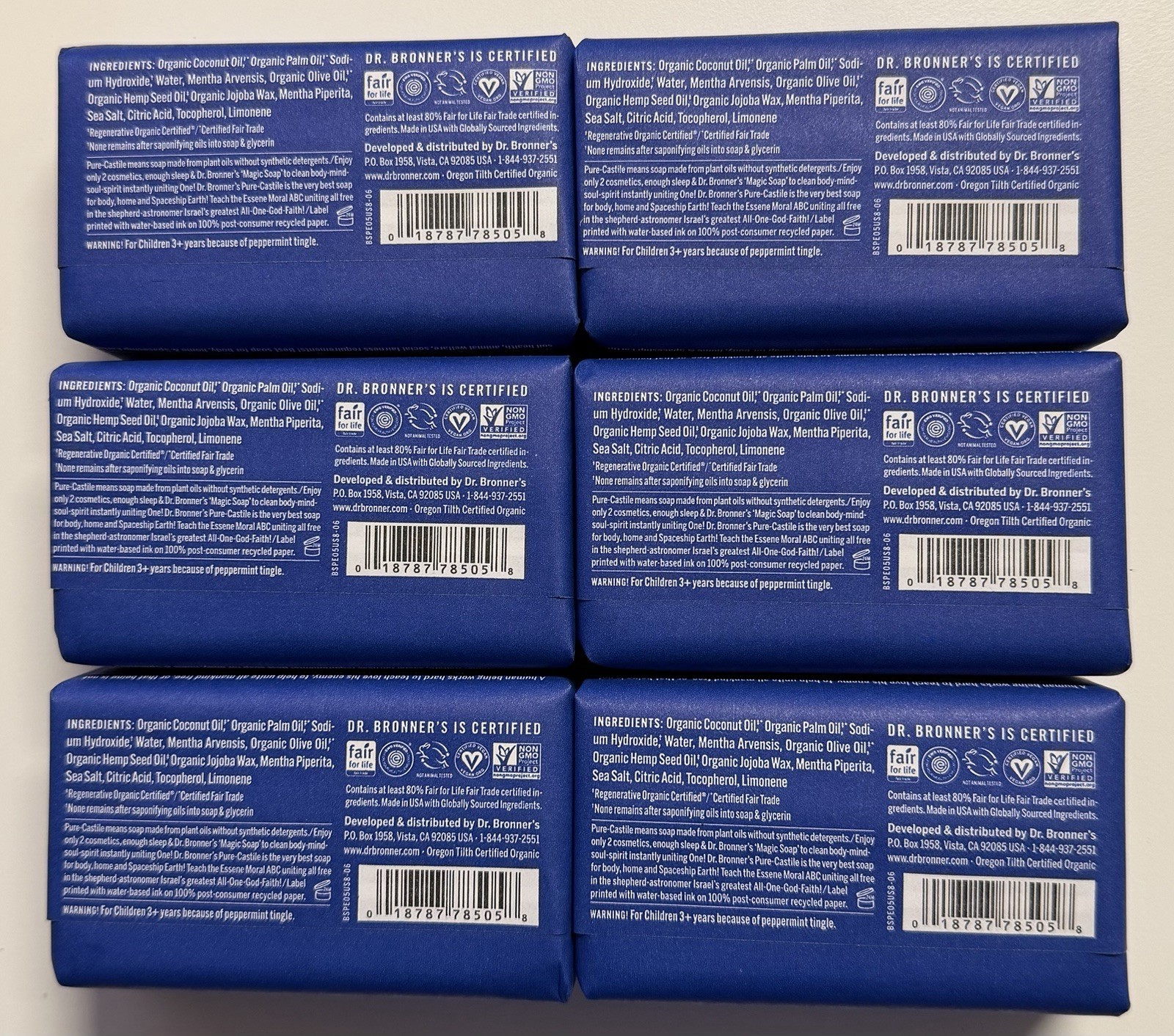 NEW Dr. Bronner’s All-One Pure-Castile Peppermint Magic Bar Soap 6-Pack 5oz Bars