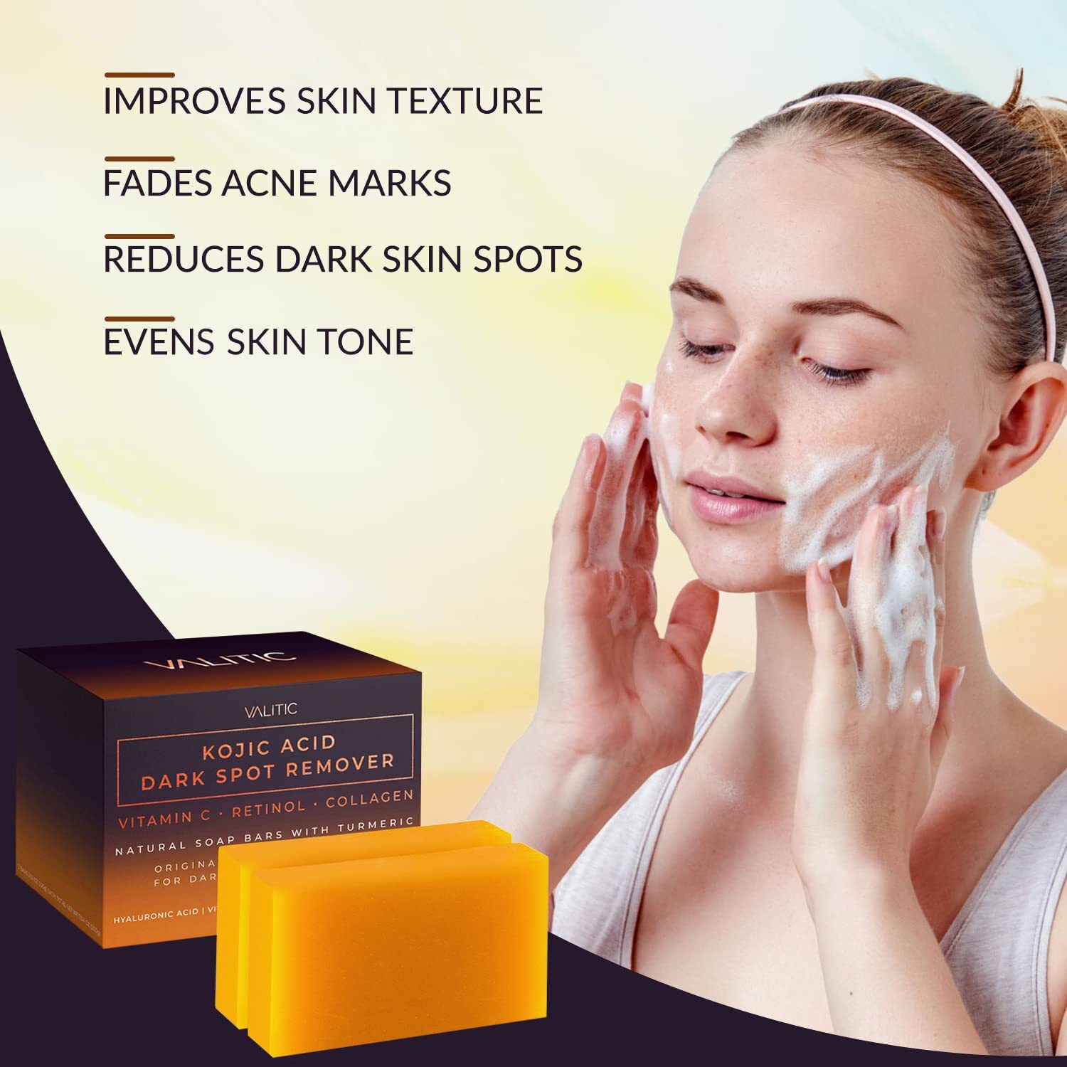 Kojic Acid Dark Spot Remover Soap Bars w/ Vitamin C, Retinol, Collagen(2 Pack)