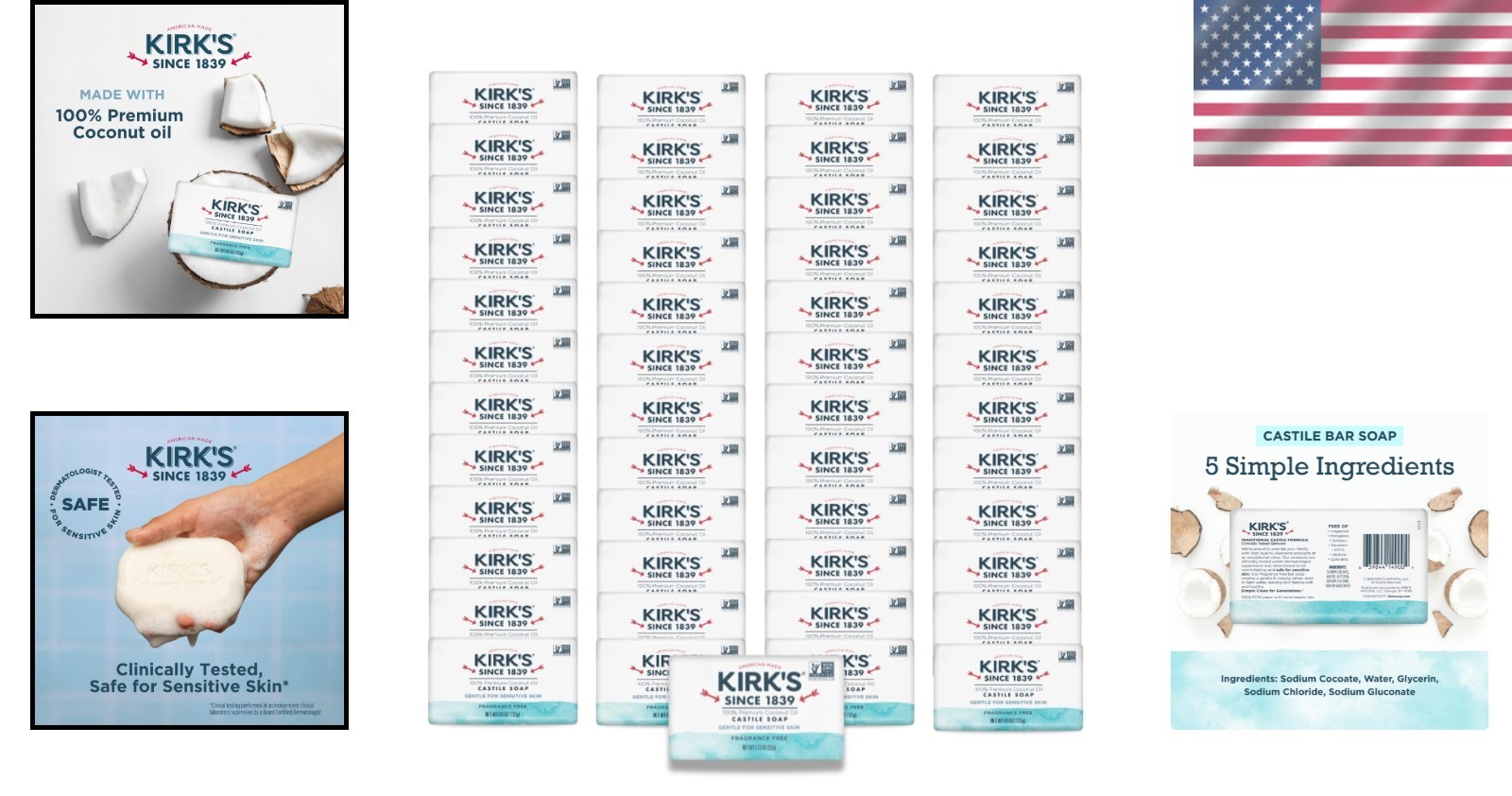 Sensitive Skin Safe Castile Soap Bars, Coconut Oil – 48 Pack