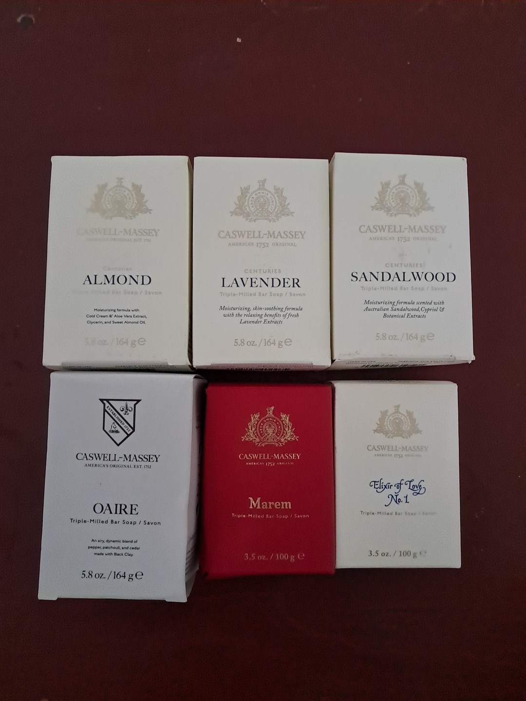 Lot Of 6 Bars Caswell-Massey Soaps Elixir Of Love Marem Oaire Almond Sandalwood