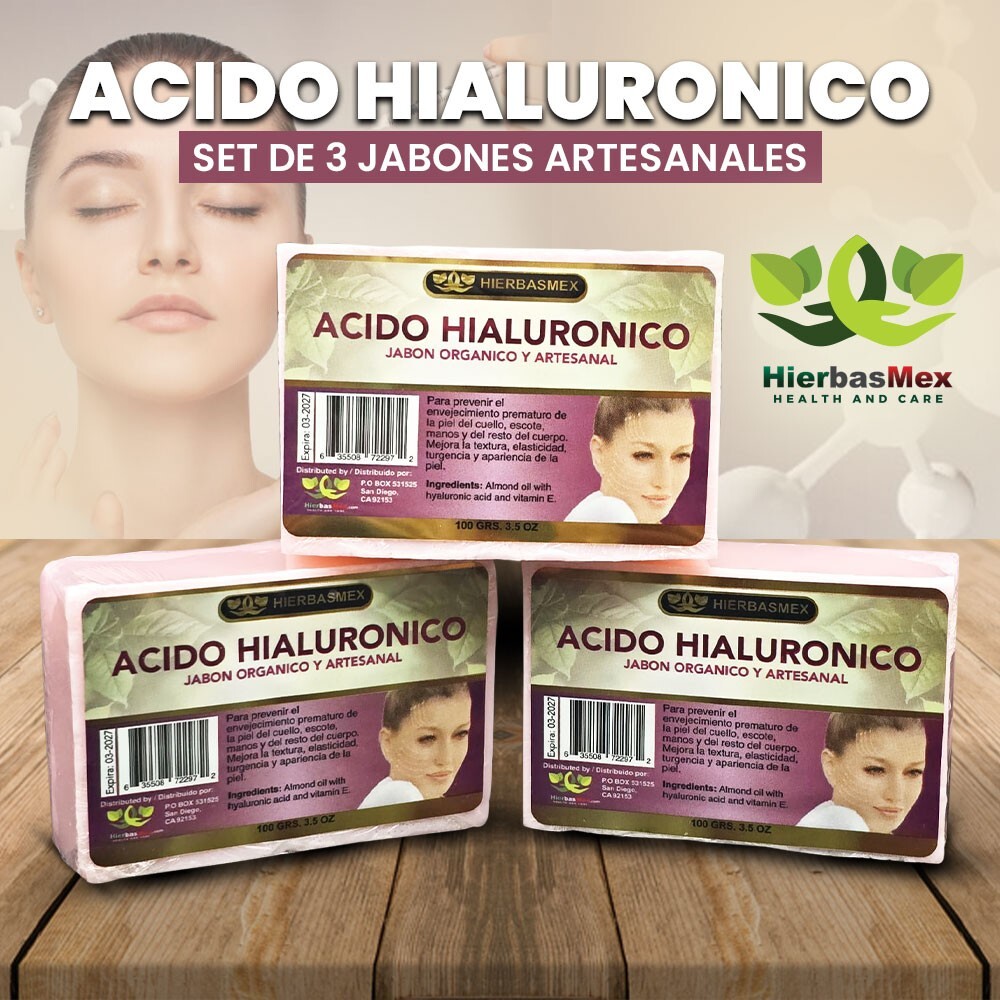 Acido Hialuronico Jabon Herbal Set de 3 Jabones 100g Hialuronic Soap HierbasMex