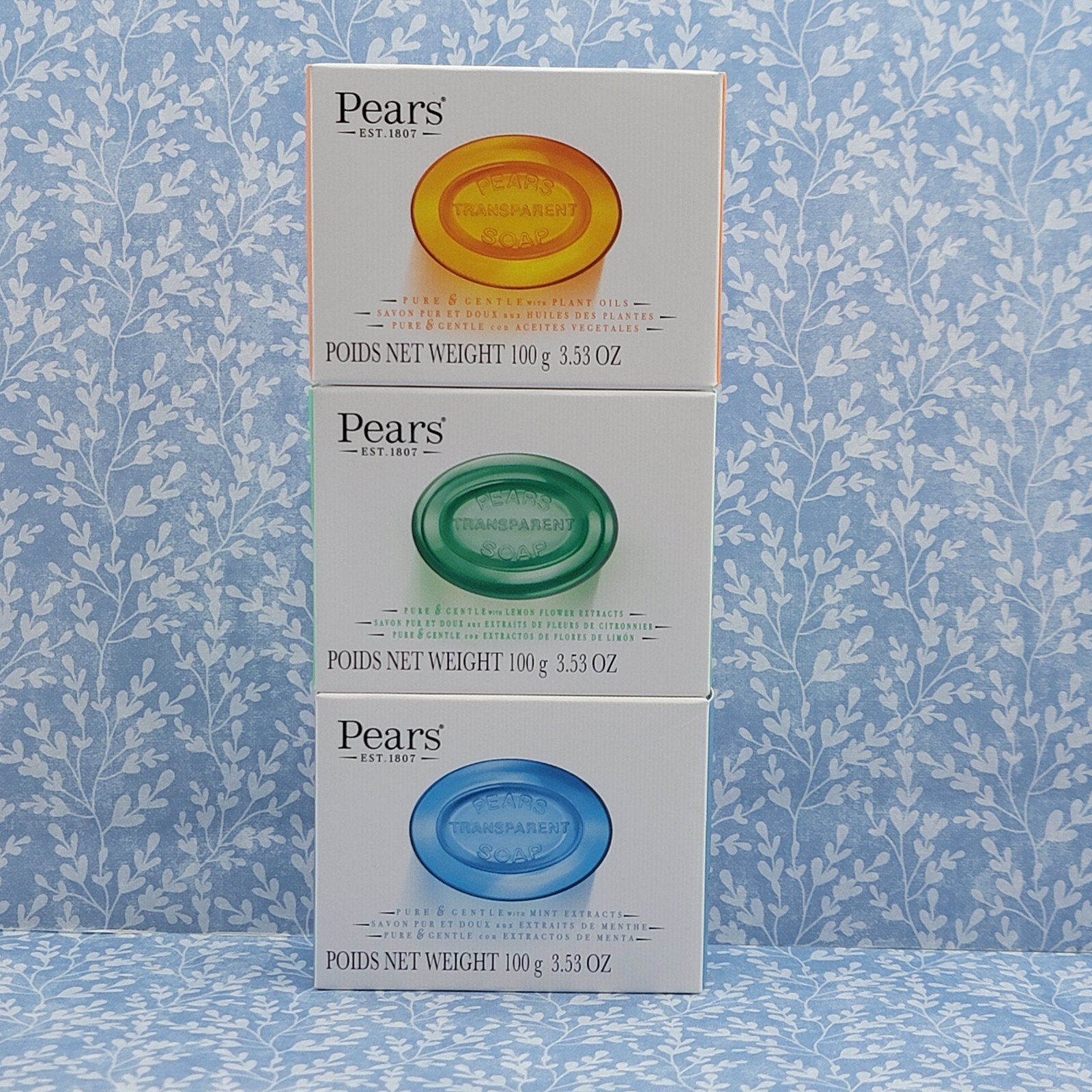 3 PEARS Soaps Plant Oils Lemon Flower Mint Extract Pure & Gentle 100g 3.53 oz