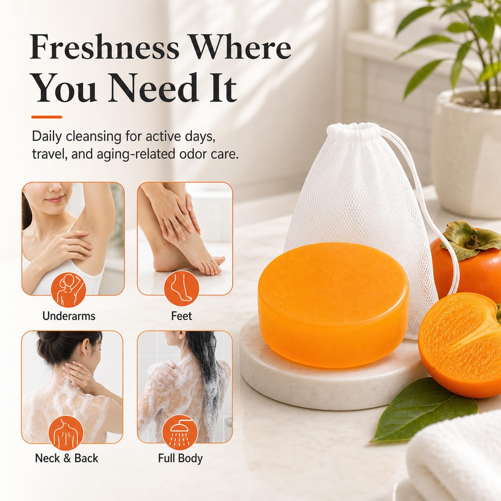 3 Pack Persimmon Soap Bar for Body Odor Control, 3.53 oz Each | For underarms…