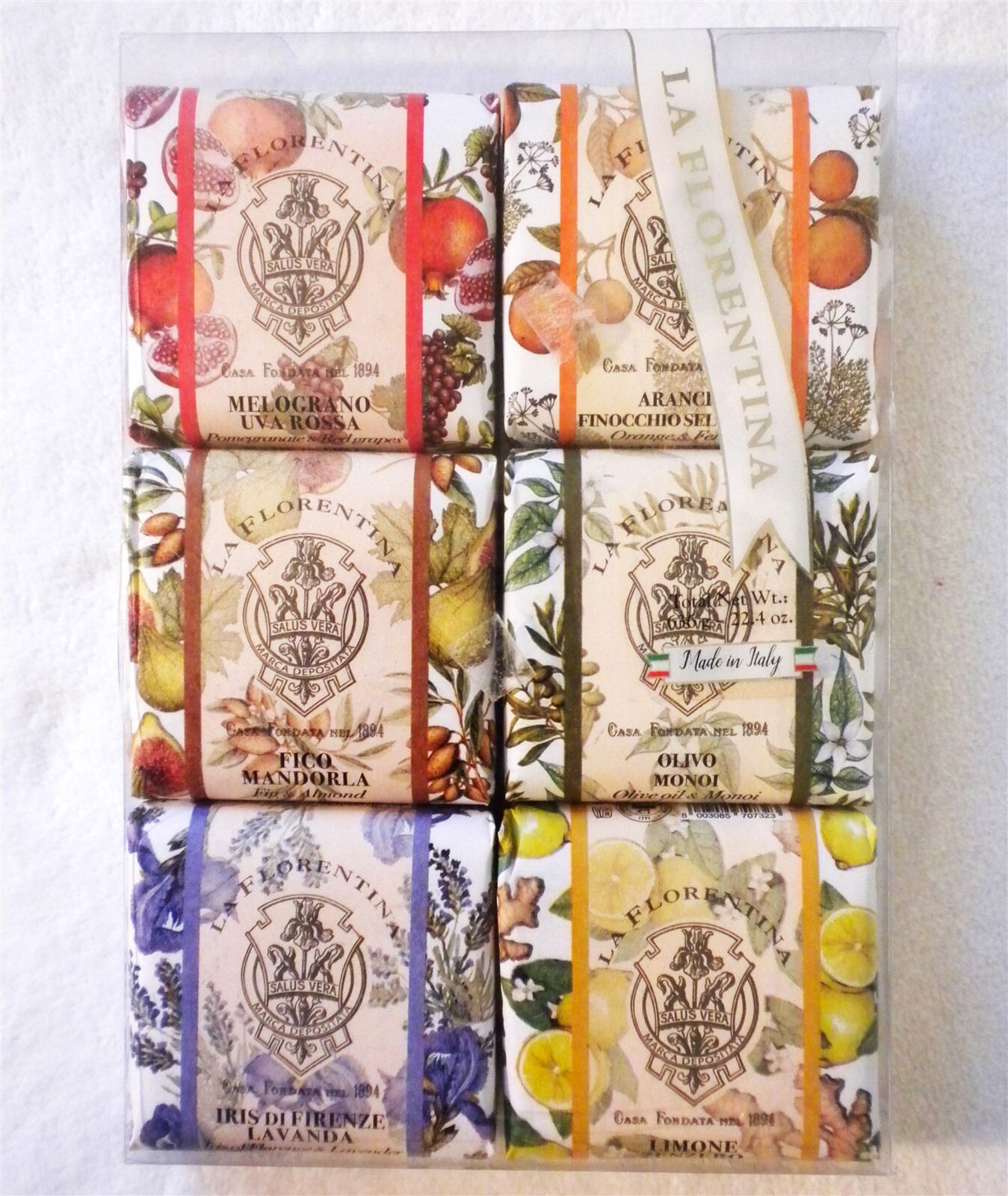 LA FLORENTINA ITALY W/ SHEA BUTTER 6 BAR SOAP SET FIG , LEMON ++ 3.7 OZ EA=22 OZ