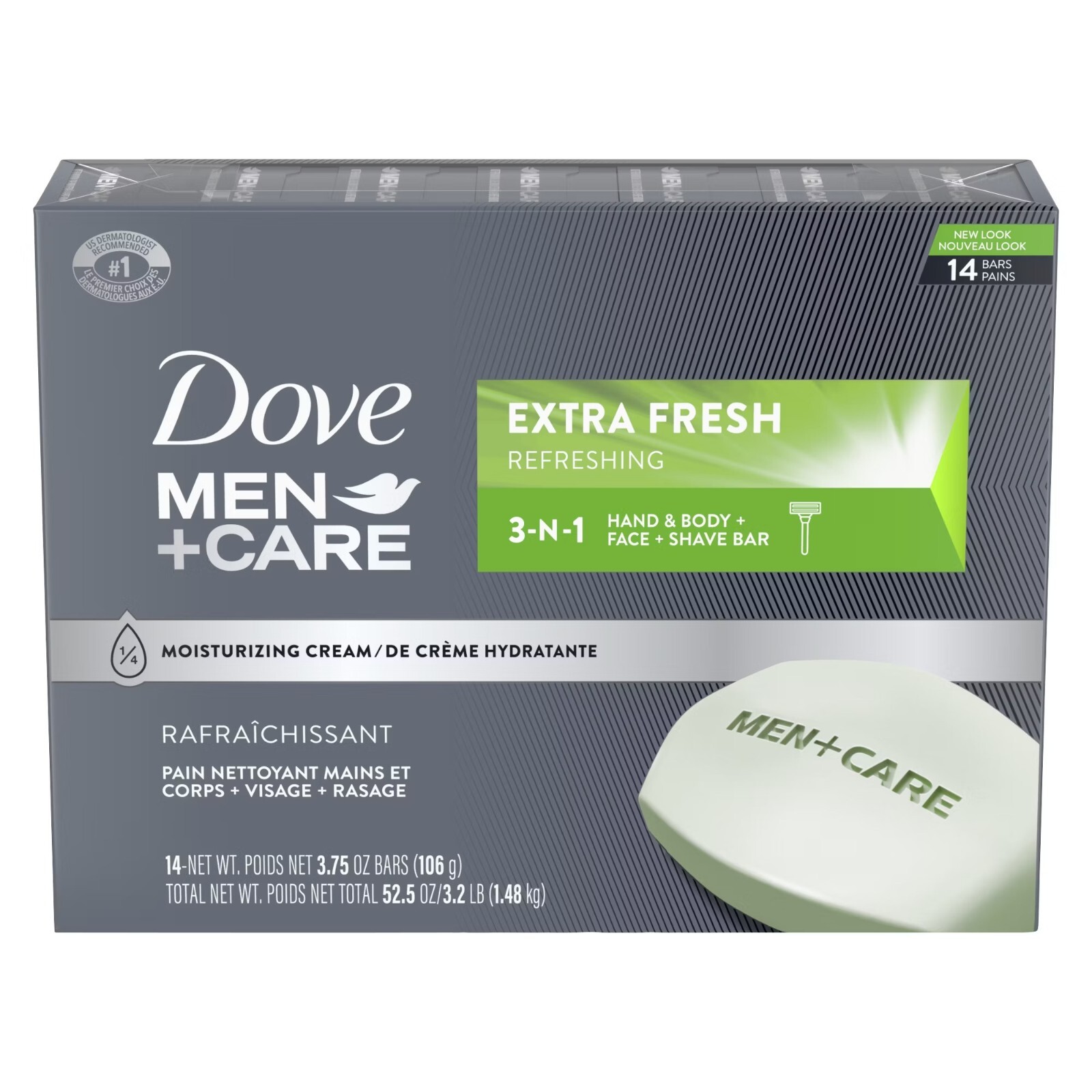 Dove Men+Care Body & Face Bar Soap, Extra Fresh, 3.75 oz, 14 Bars