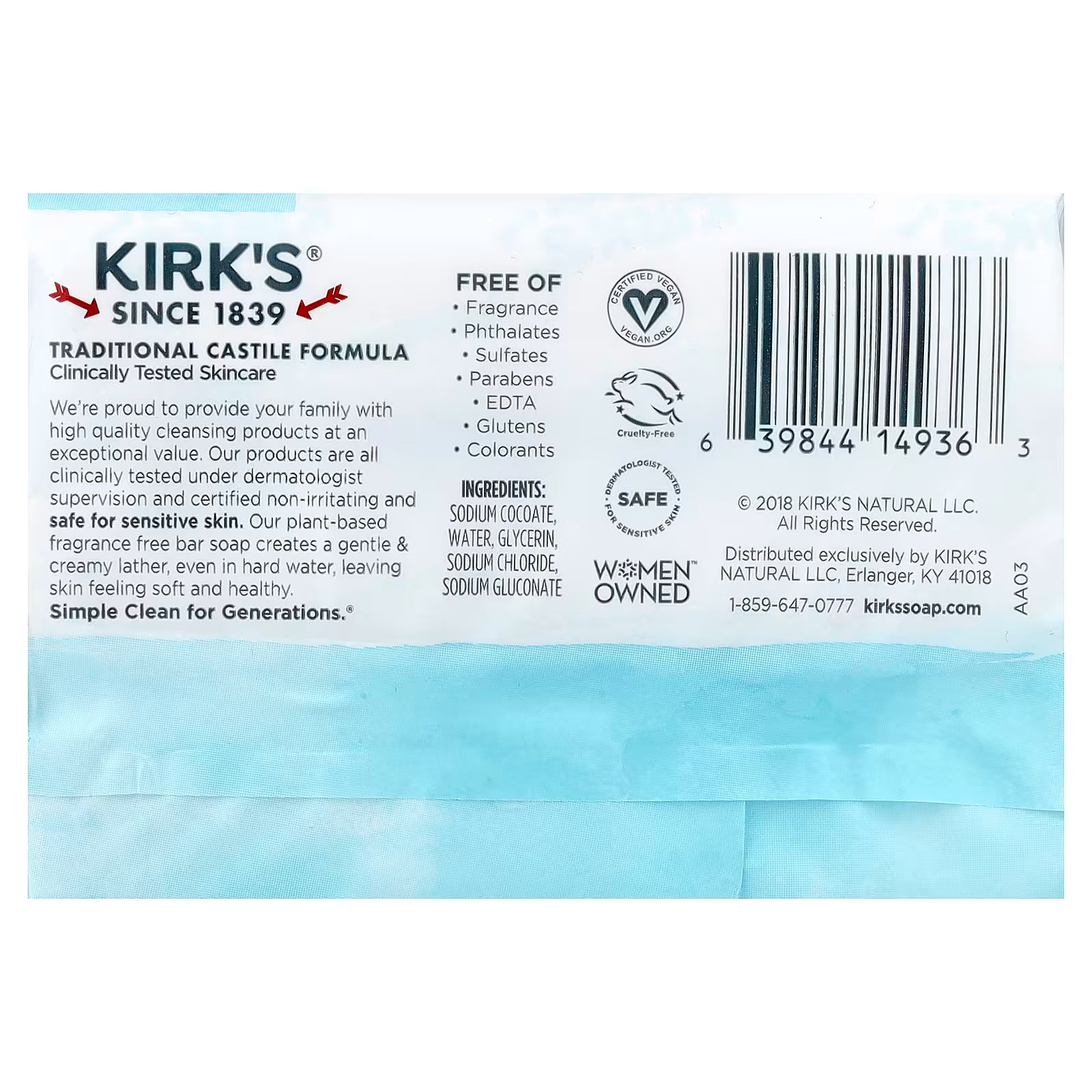 Kirk’s Natural Gentle Castile Bar Soap Fragrance Free 3 Bars Each (Pack of 6)