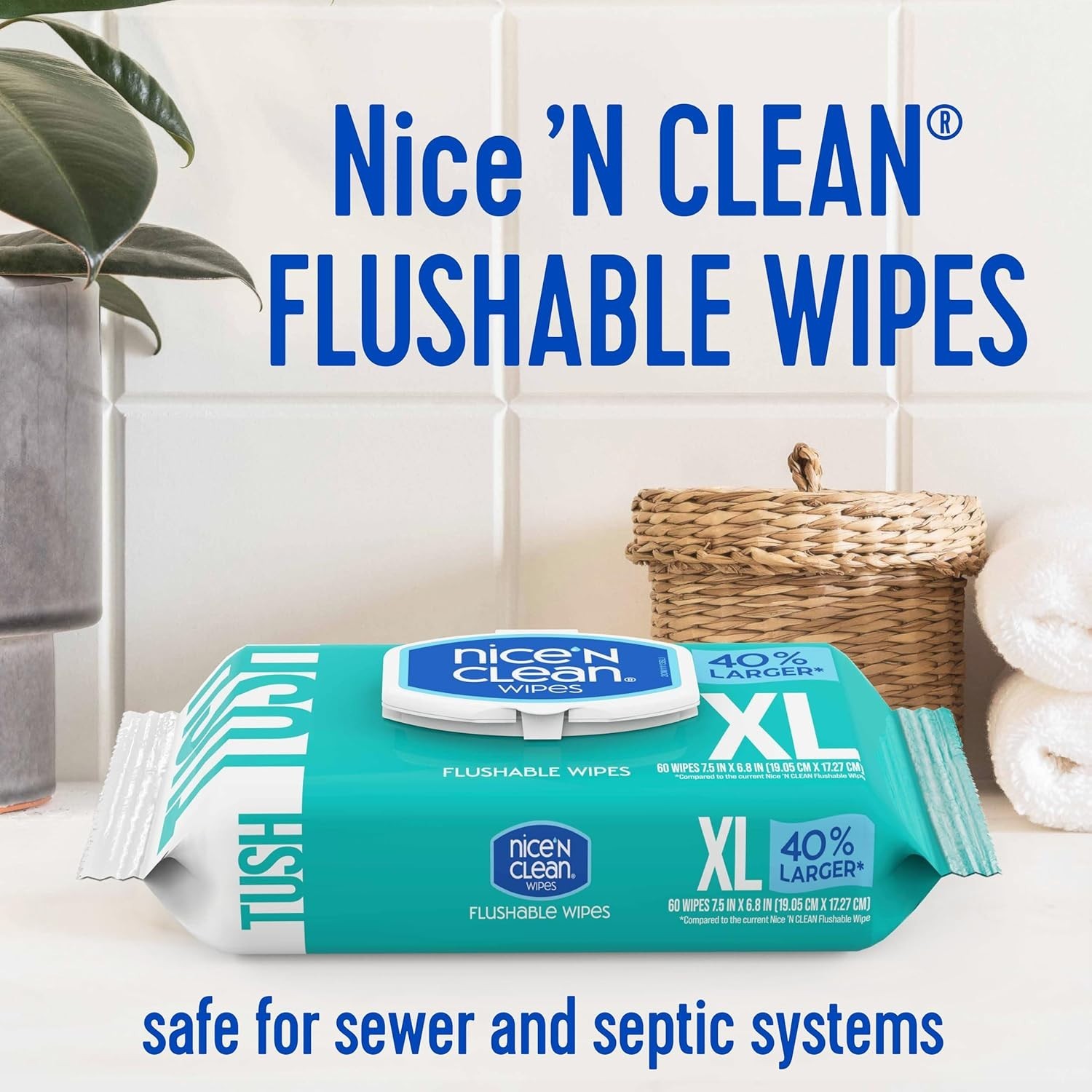 Extra Large Flushable Wipes | 40% Larger | Unscented, Hypoallergenic Comfort