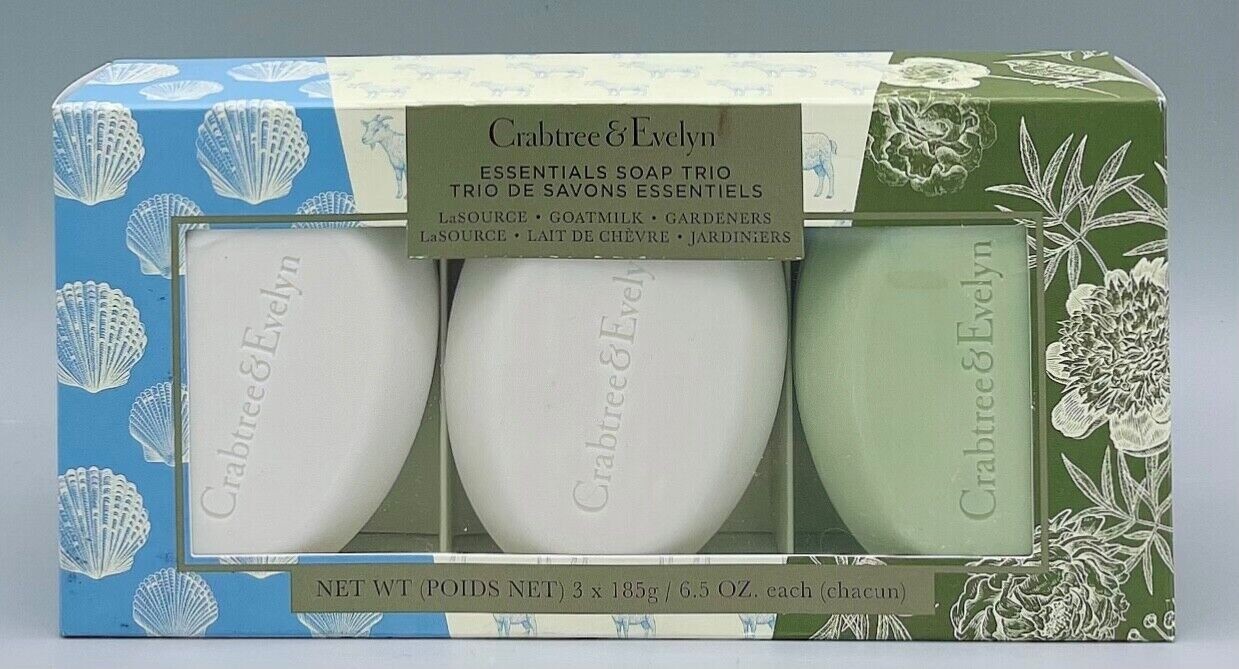 Crabtree&Evelyn Essentials Soap Trio la Source+Goatmilk+Gardeners 6.5oz each NIB
