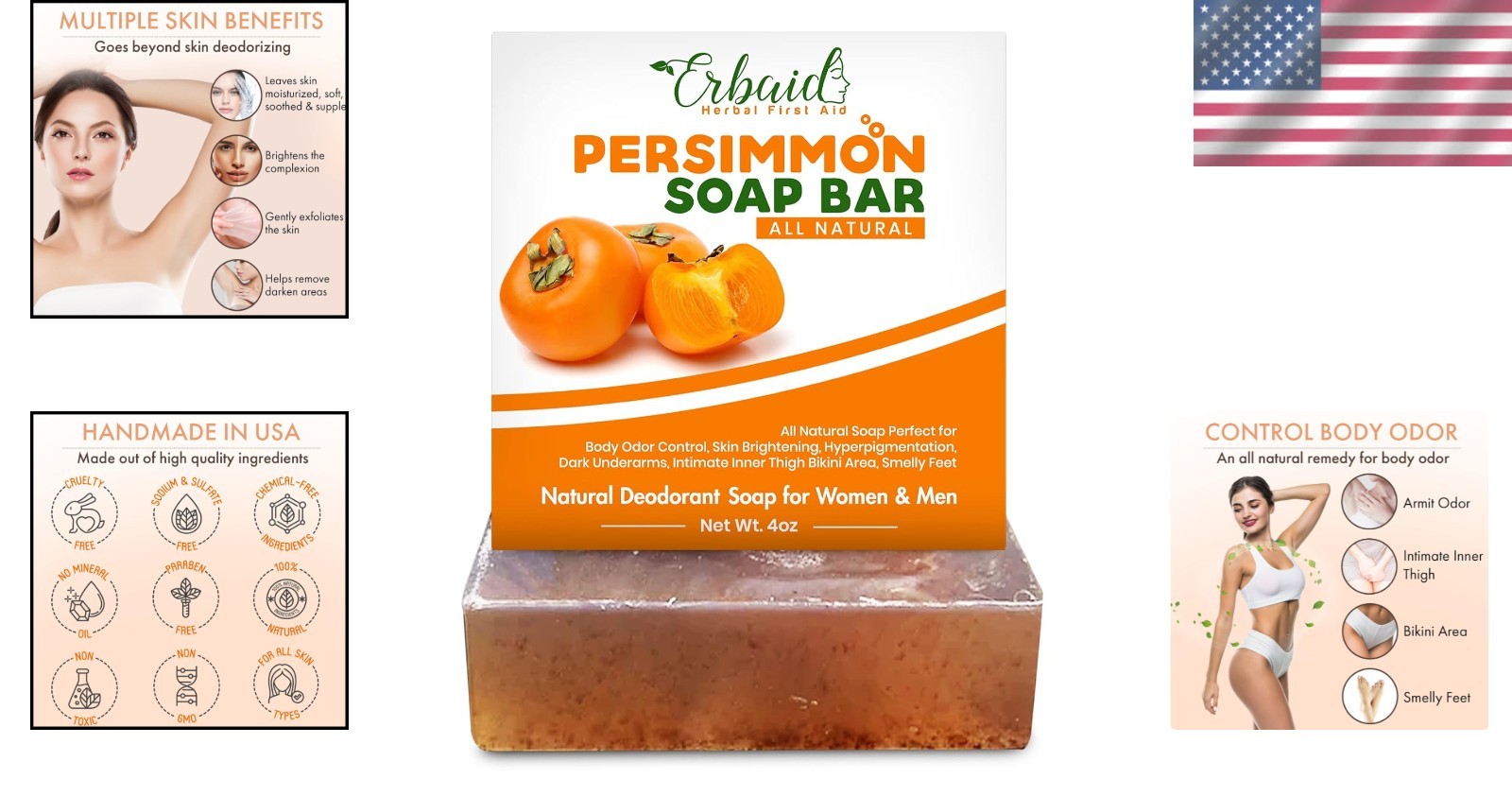 Natural Deodorizing Soap Bar – Persimmon & Green Tea – Skin Brightening Formula