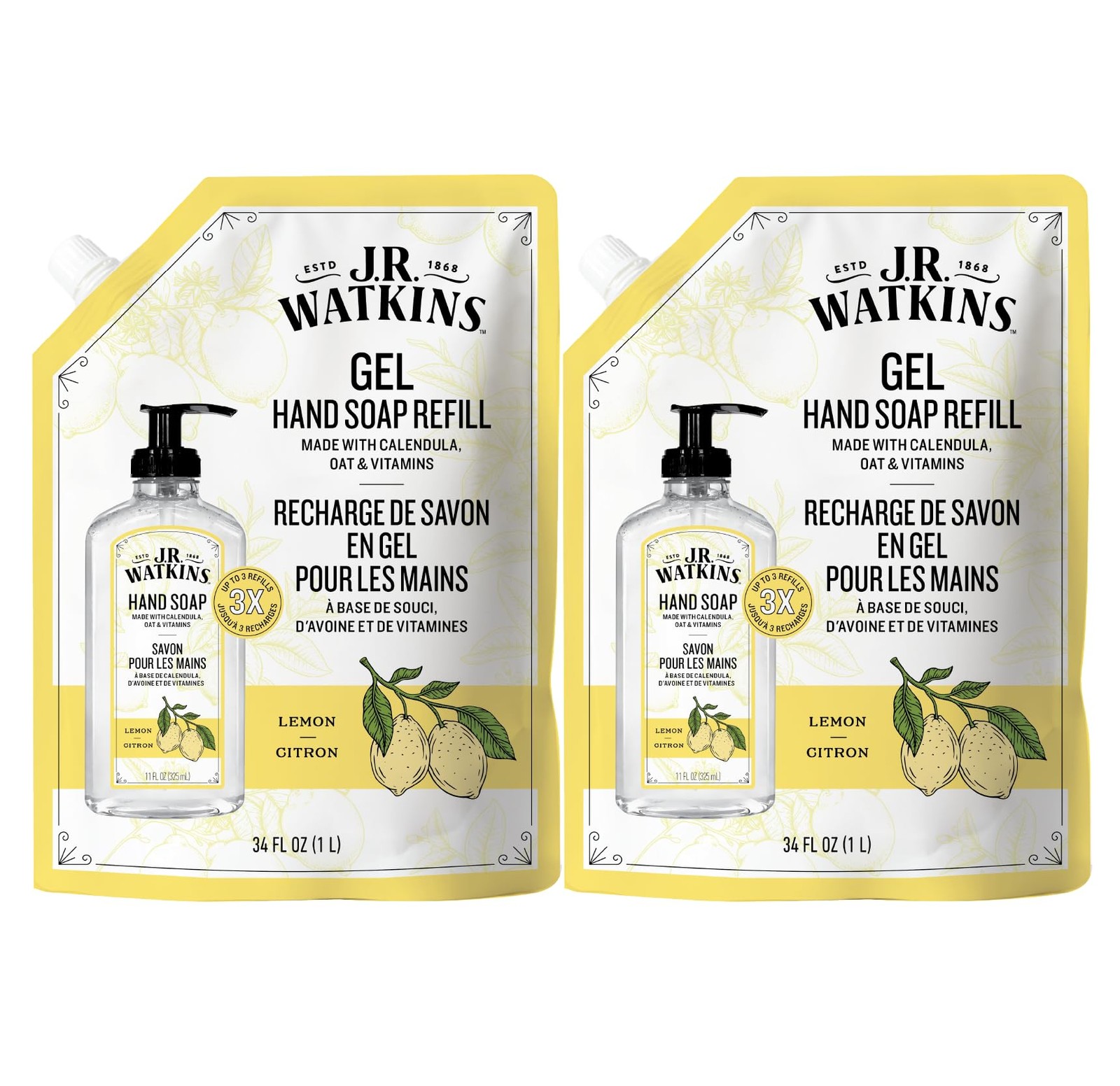 J.R. Watkins Gel Hand Soap Refill, Moisturizing 34 Fl Oz (Pack of 2), Lemon