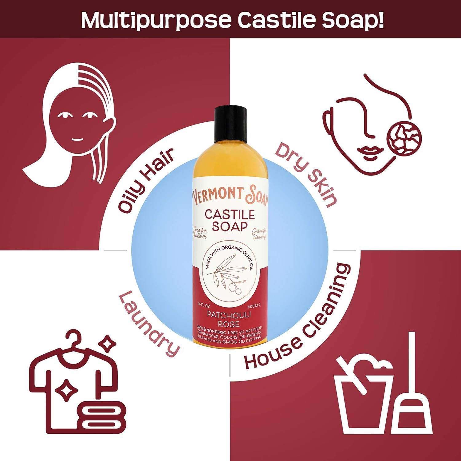Vermont Castile Soap Patchouli Rose, Gentle Liquid Soap for Sensitive Skin & …