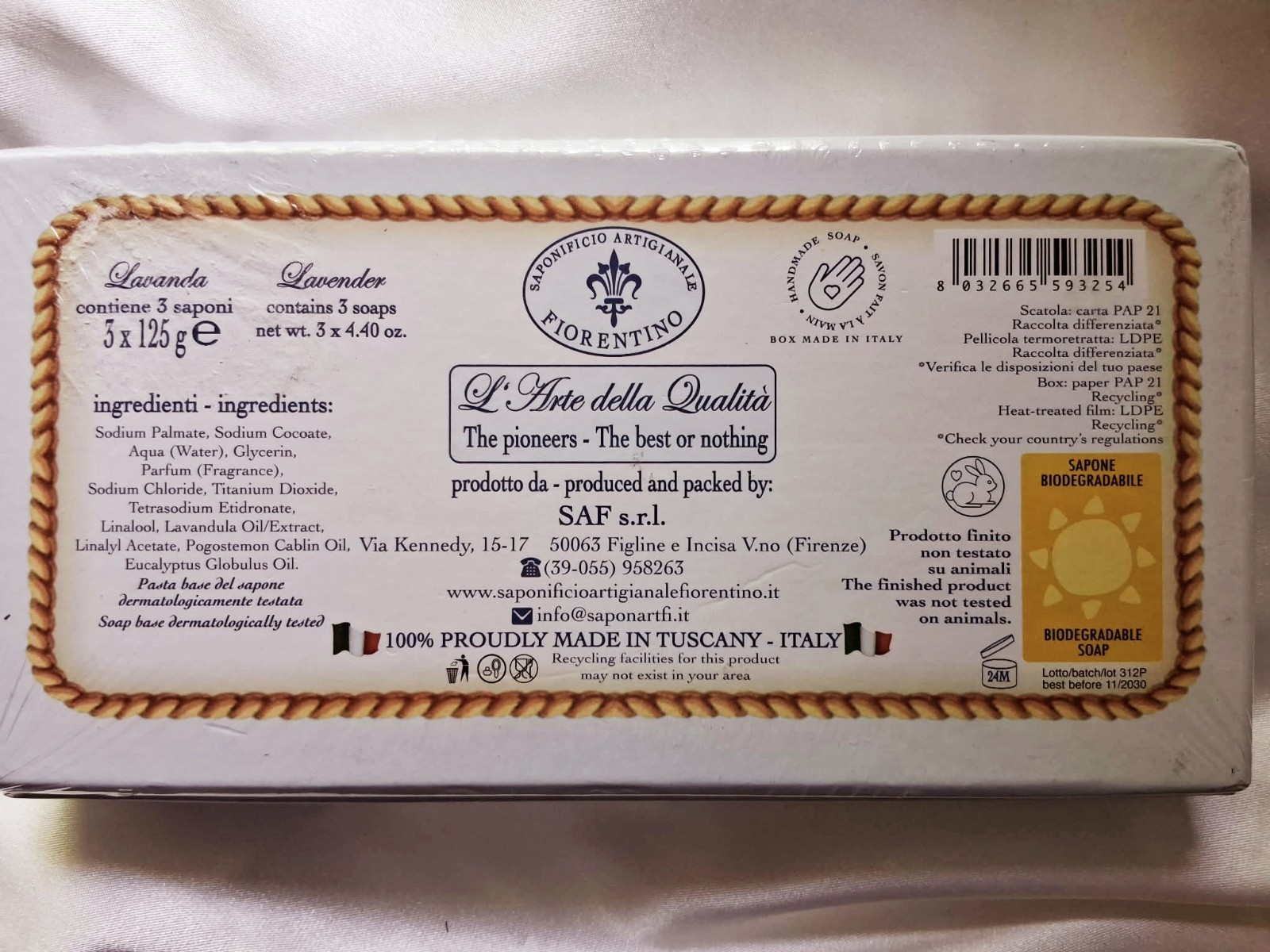 Saponificio Artigianale Fiorentino Tuscan Lavender 3 x 4.40oz Soap Bars