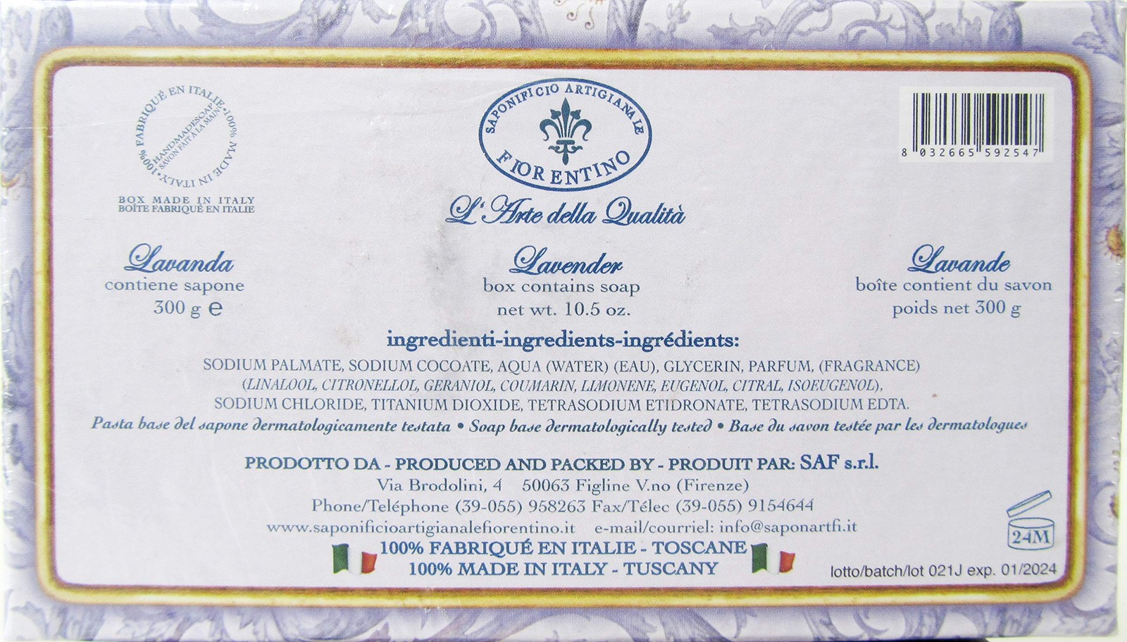 Moisturizing Italian Vegetable Soap 10.5 oz Made in Tuscany Italy (Lavender)
