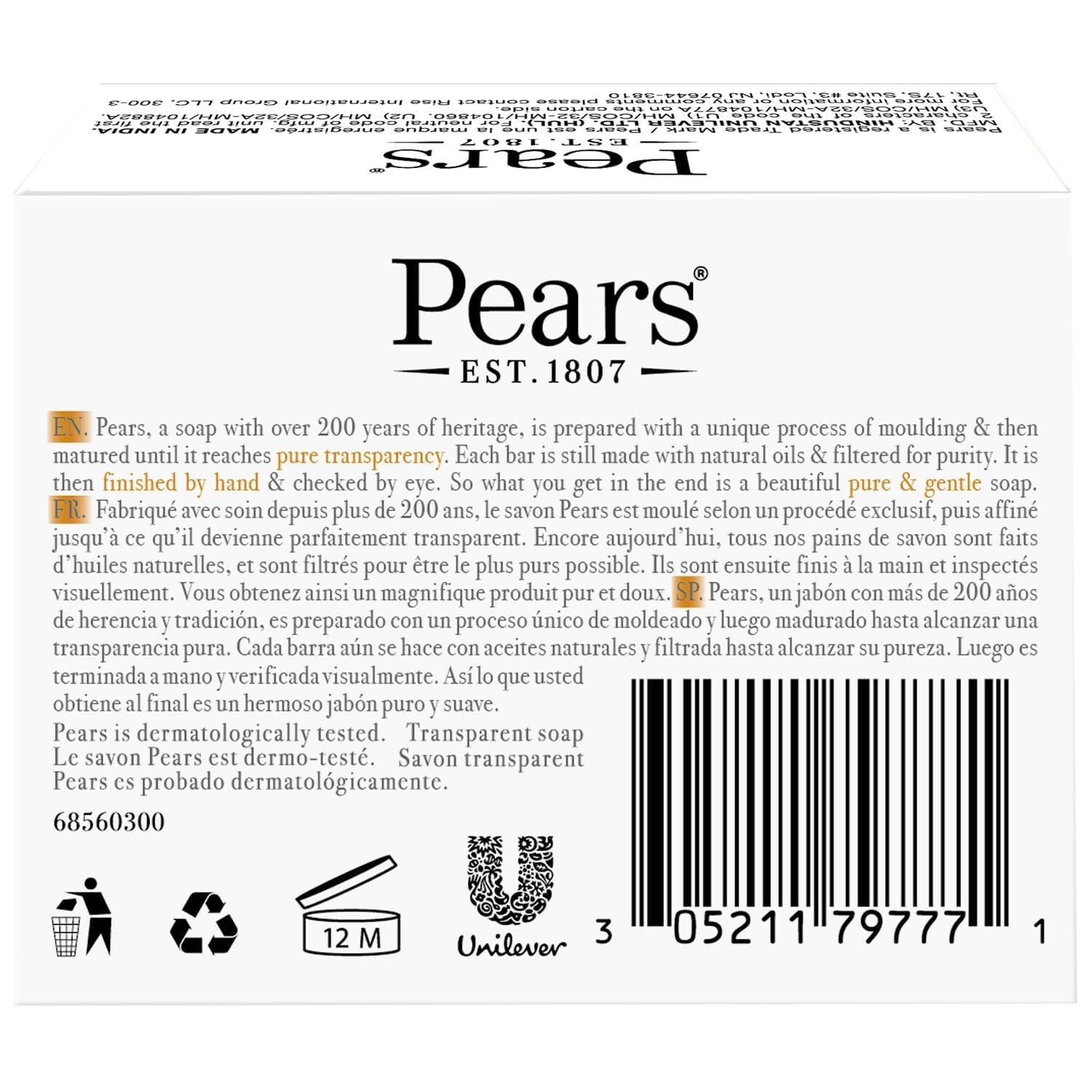 Pack of 3 Pears Transparent Glycerin, Natural Oils Bar Soap 3.53 Oz ORANGE COLOR