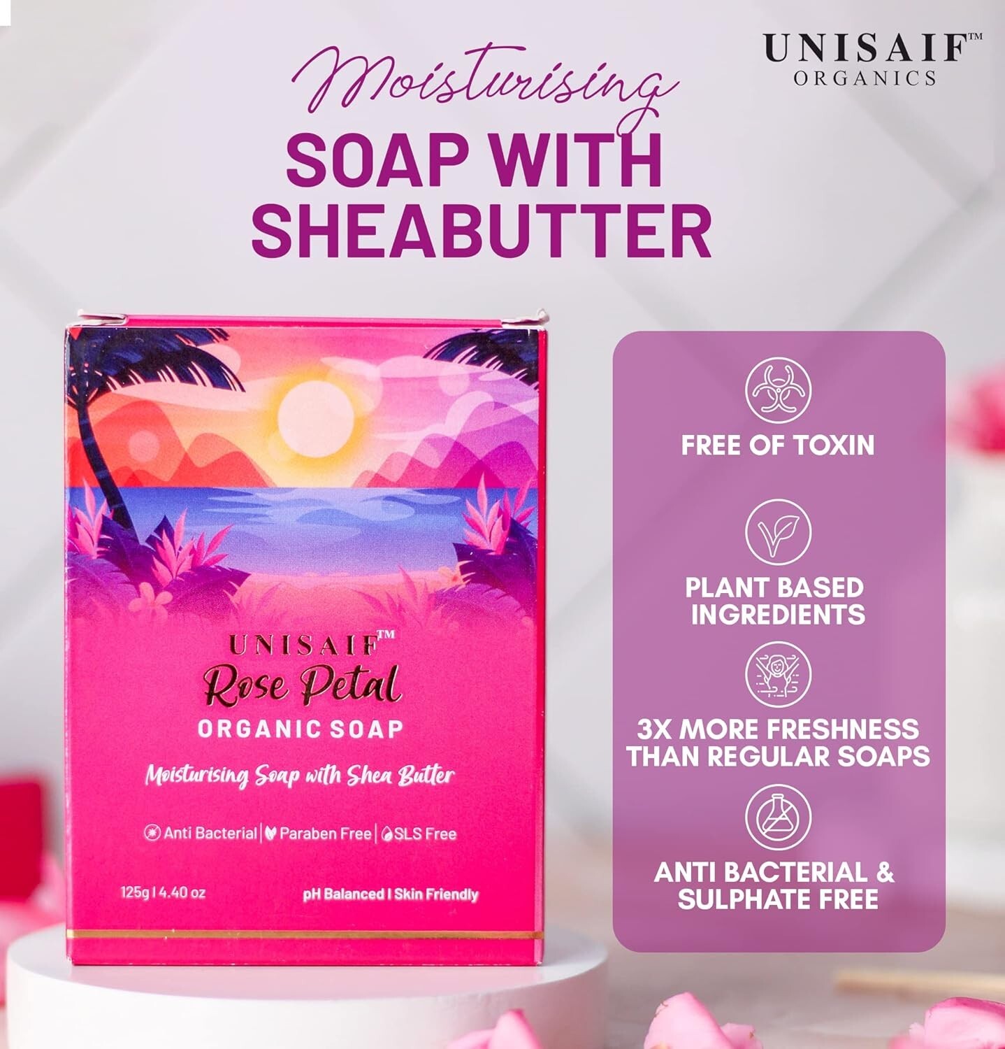 Unisaif Rose Petal Organic Body Soap Bar, Moisturizing Soap With Shea Butter