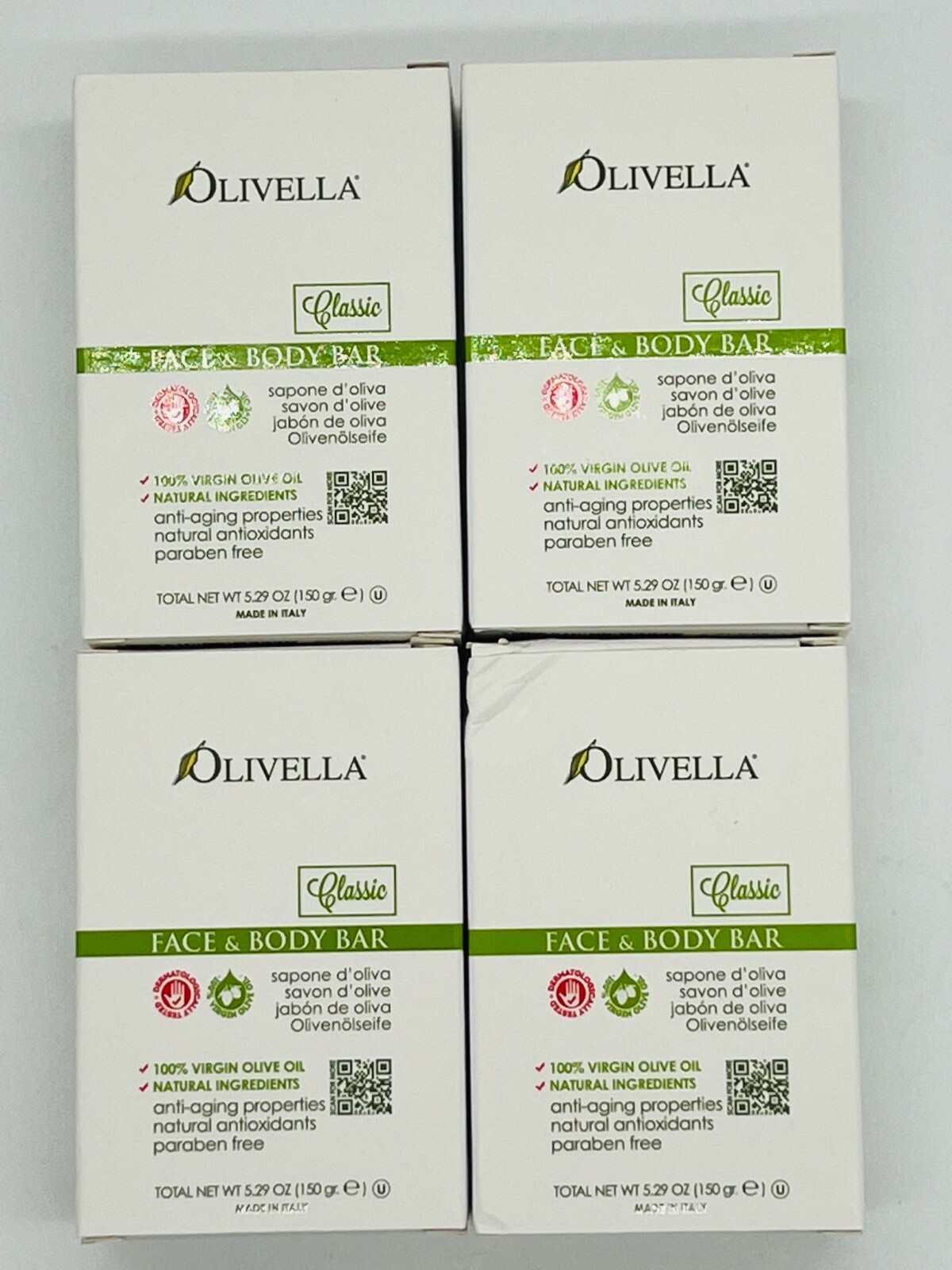Olivella 100% Virgin Olive Oil Bars 4 Pack Face & Body Soap Italy Anti Aging