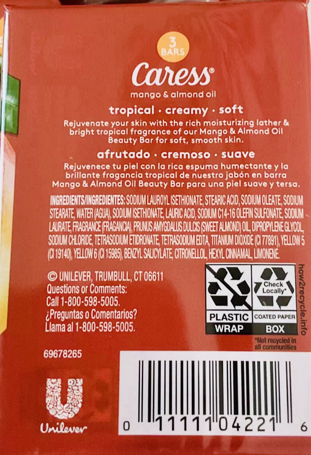 Caress Rejuvenating Beauty Bar Soap Mango & Almond Oil – 2 Pack, 6 Bars Total