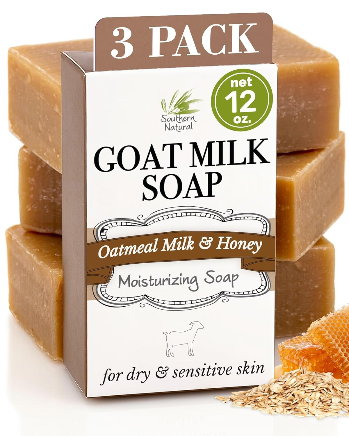 Southern Natural Goat Milk Soap Bar – Oatmeal Milk & Honey 3 Pack – for Dry Sens