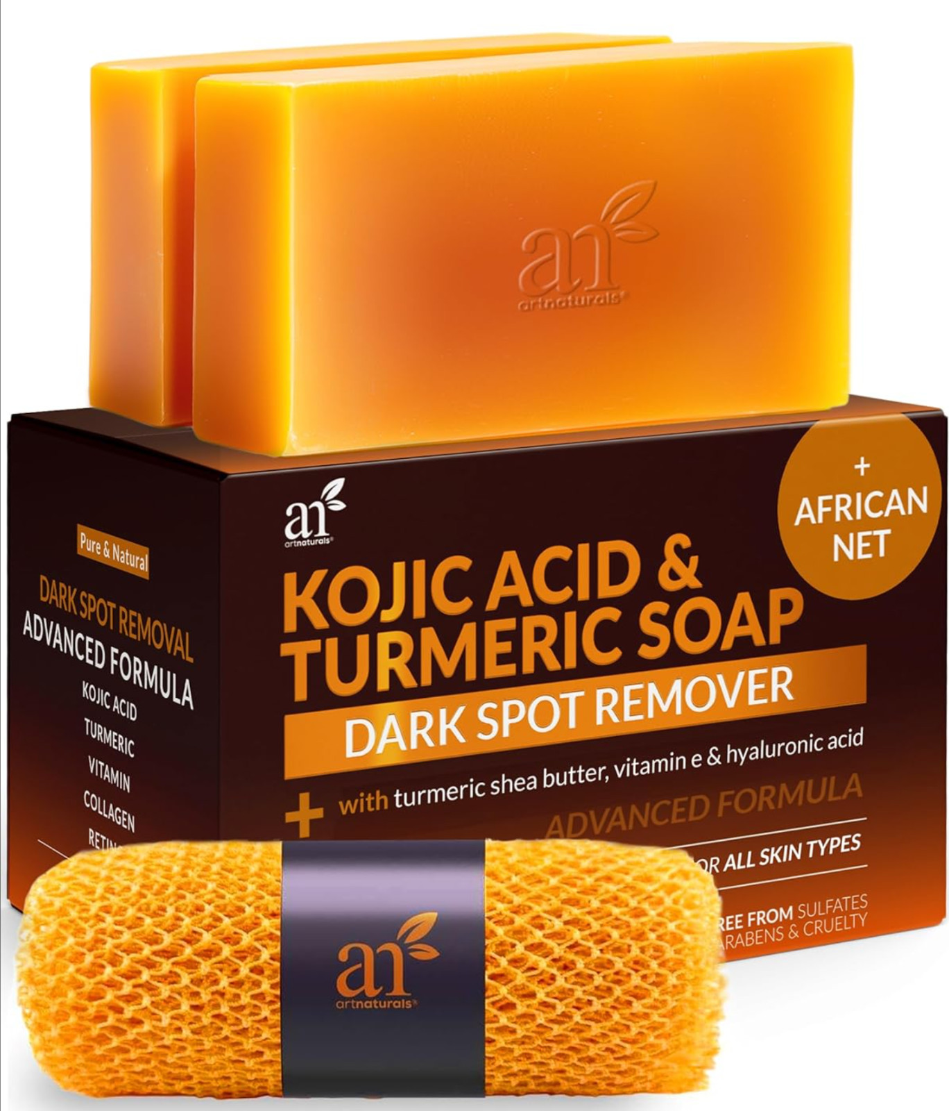 Kojic Acid Soap + African Net Sponge (2 pack X 142g Turmeric bars) Dark spot…