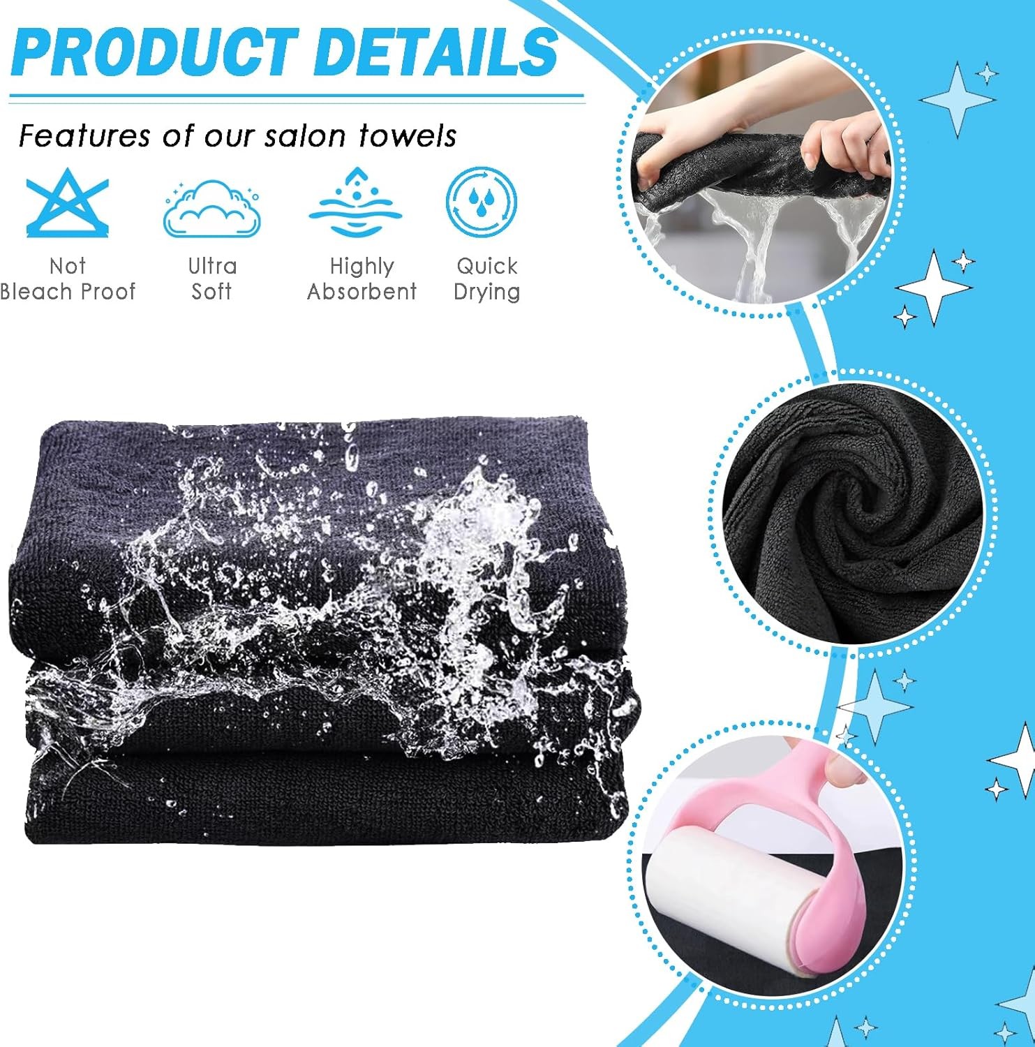 6 Pack Black Salon Towels, Super Soft and Absorbent Large, – 6
