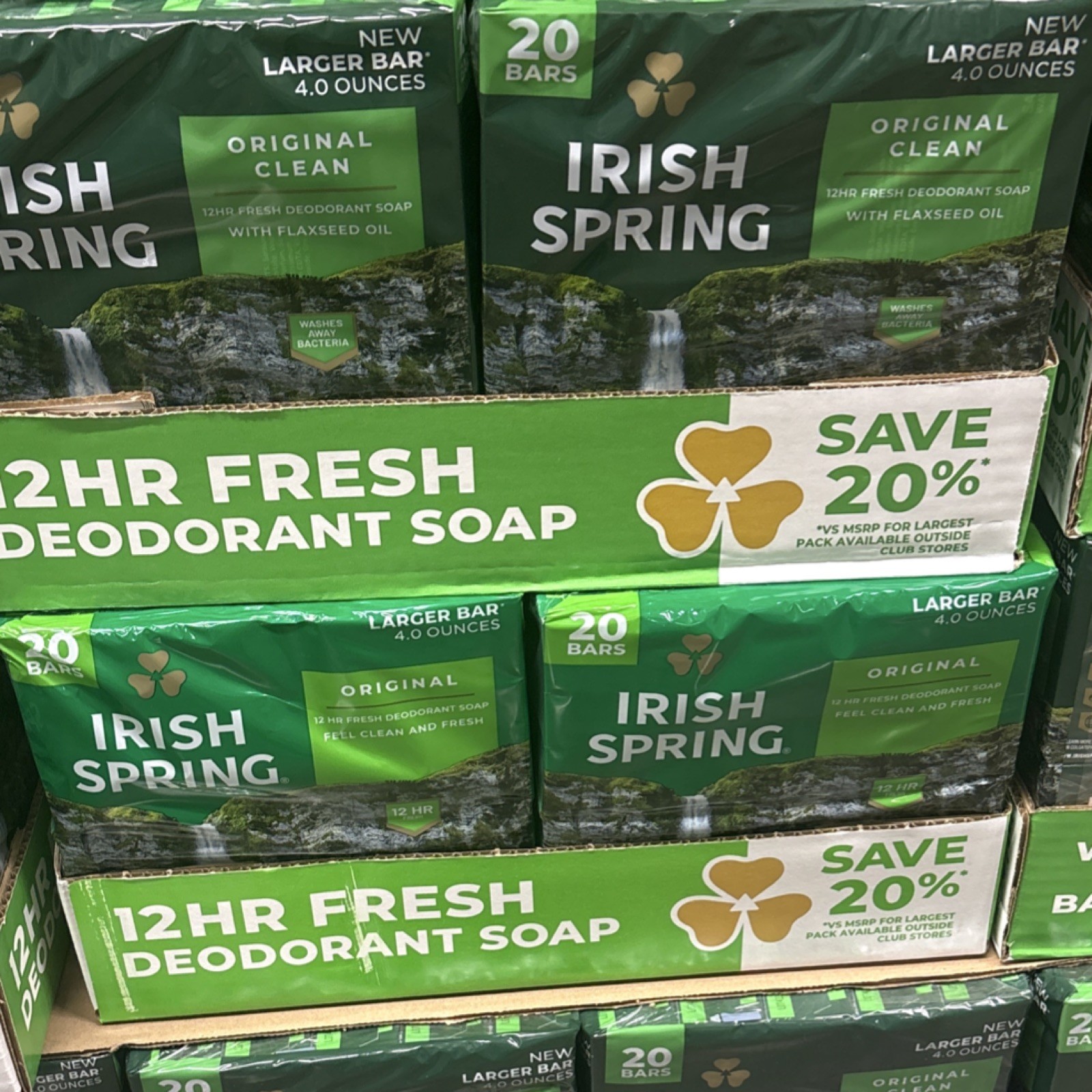 Irish Spring Original Deodorant Bar Soap 20 Larger Bars 4.0 Ounces Each