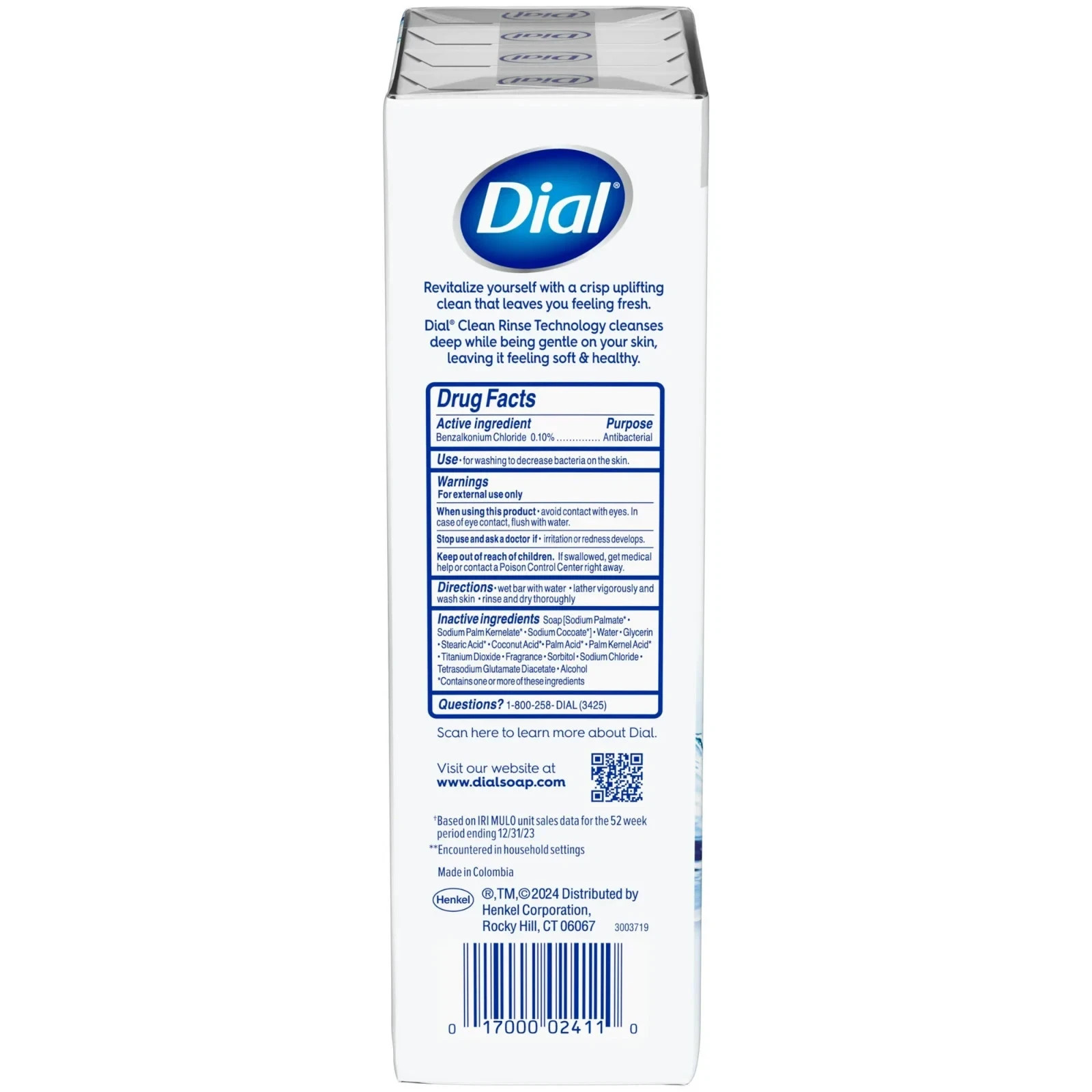 Dial Antibacterial Bar Soap, Refresh & Renew White Deodorant Bar, 4 oz (8 Bars)