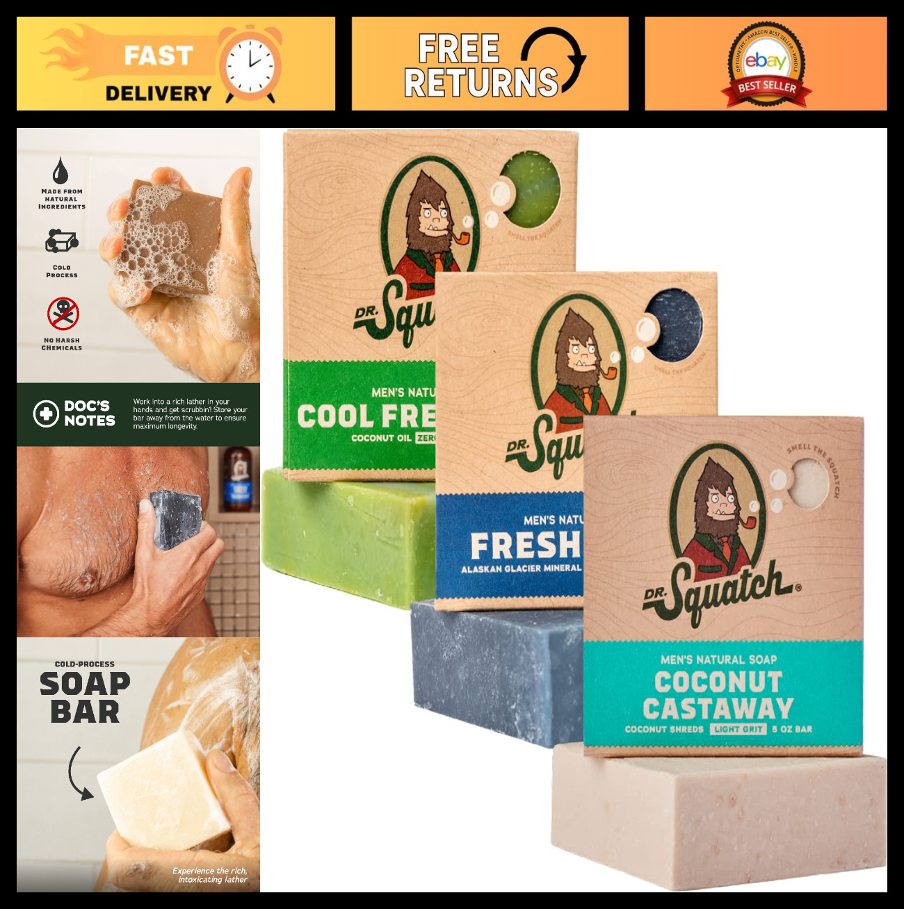 Natural Men’s Bar Soap – Cold Process Body Soap with Essential Oils – 3-Pack (5